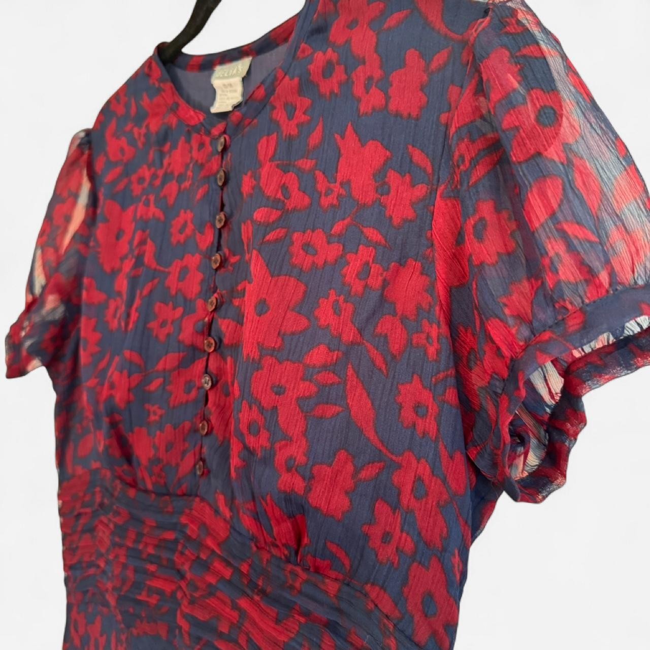 Vintage Delia’s Red Floral Print Button-Up Dress with Ruched Waist, Size Medium