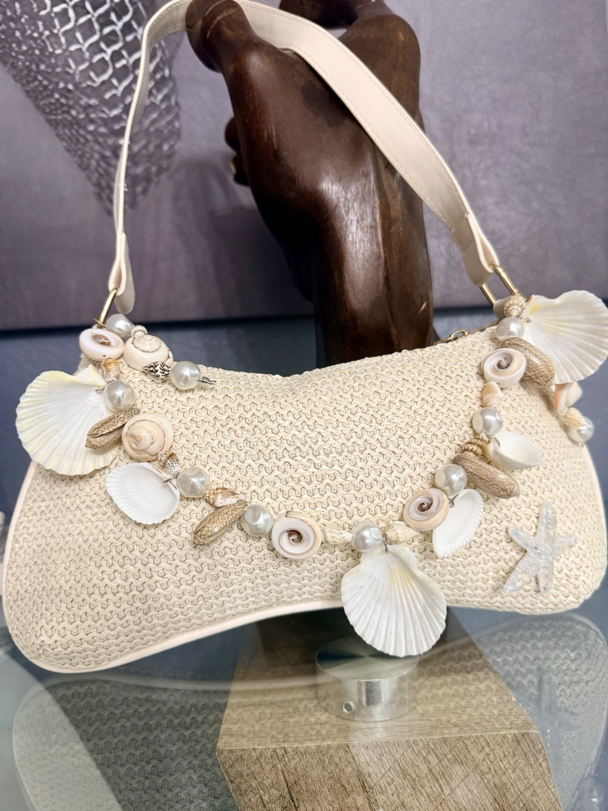 Woven Straw Inspired Crescent Shoulder Bag with Shell Pearl Starfish Accents