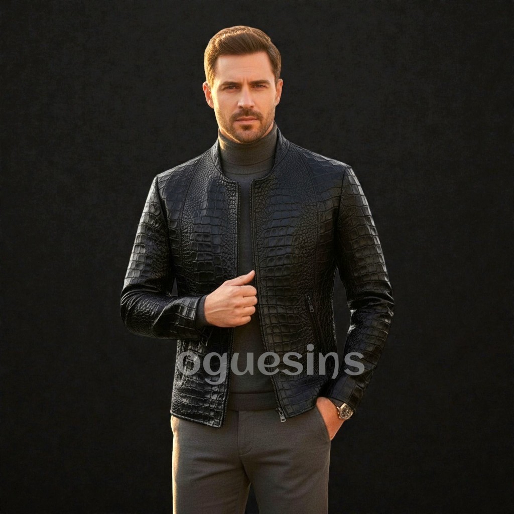 Men’s Black Leather Jacket Crocodile Embossed Pattern Alligator Leather Jacket
