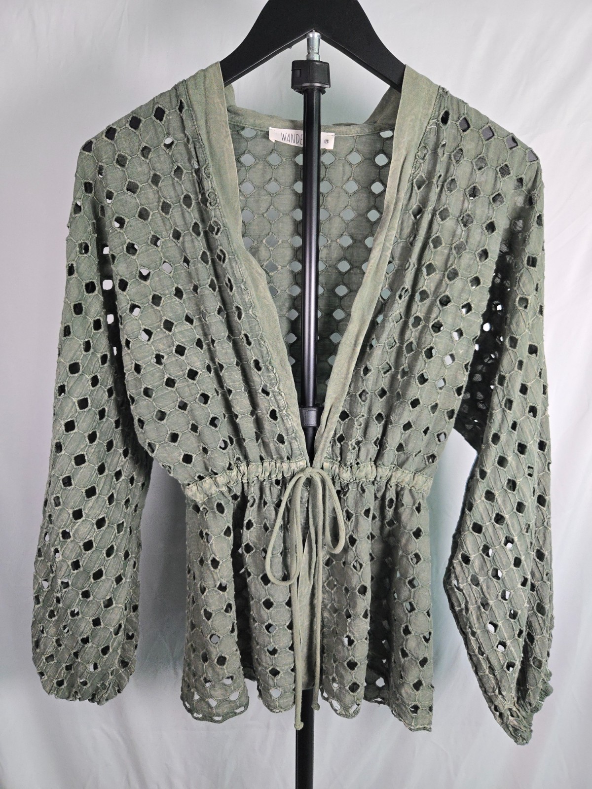 Olive Green Eyelet Cutout Tie Front Cardigan Sz Medium Earthy Lagenlook Festival