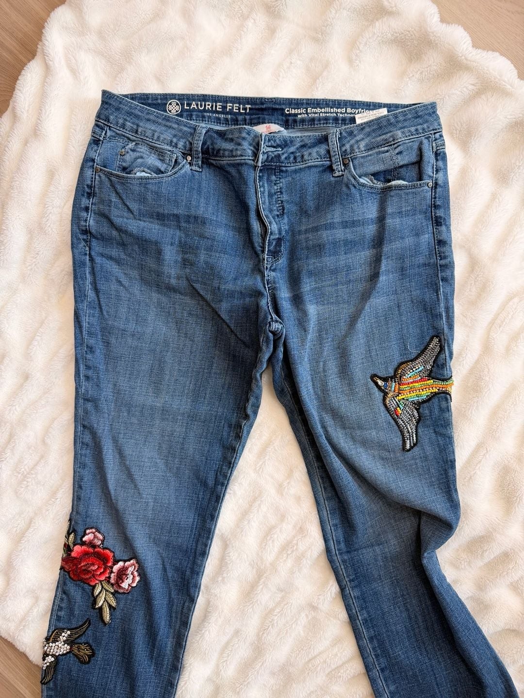 Laurie Felt Classic Embellished Boyfriend Jeans with Floral and Bird Embroidery