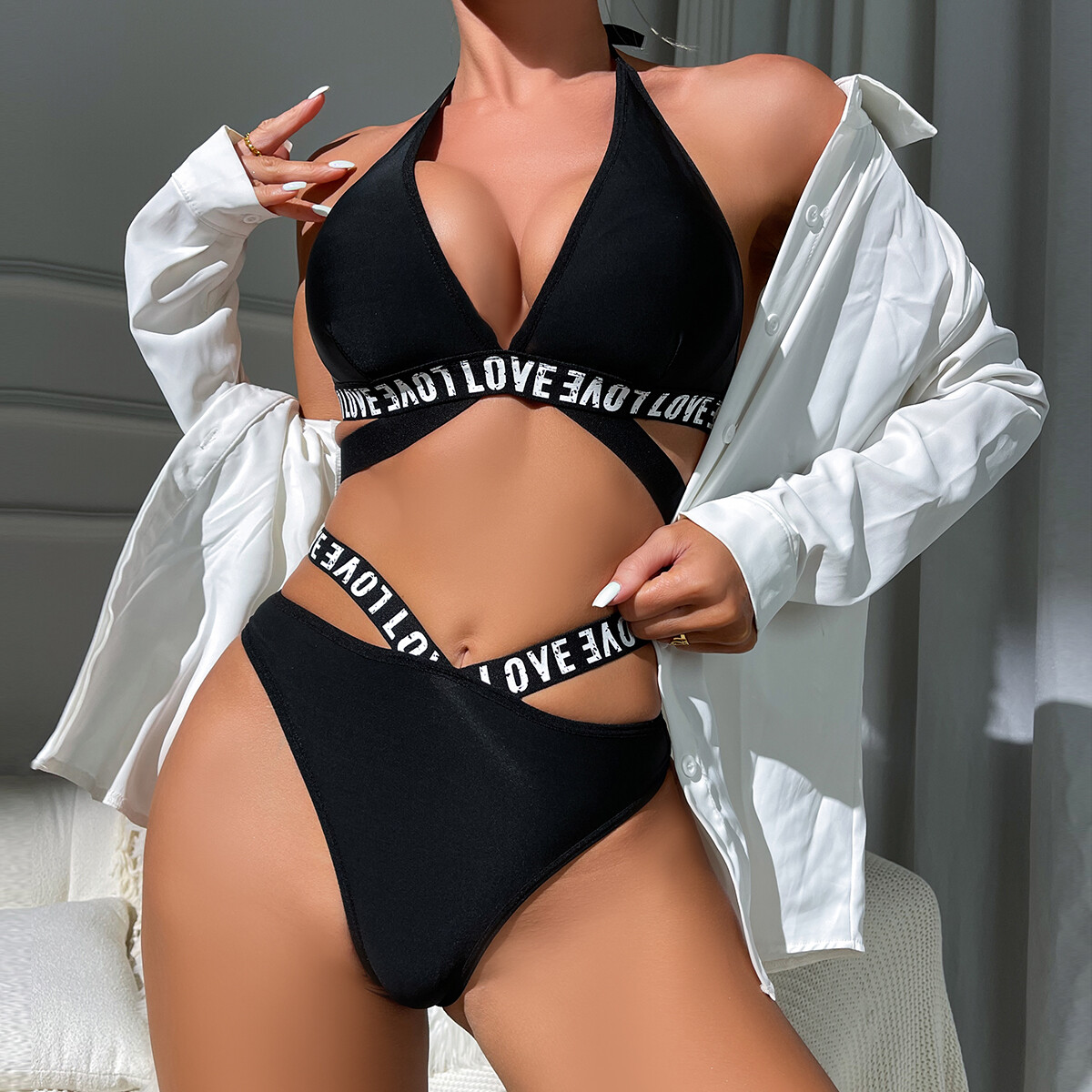 Women’s Letter Print Belted Halter Bra and Panty 2 Piece Sexy Lingerie Set