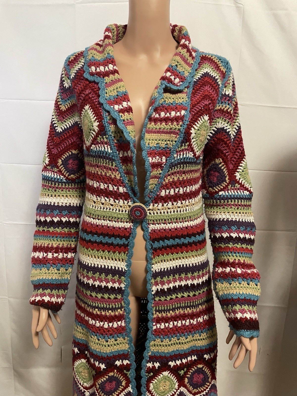 Monsoon Multicoloured Crochet Long Cardigan Size S/M (UK 10) Afghan Boho Hippie