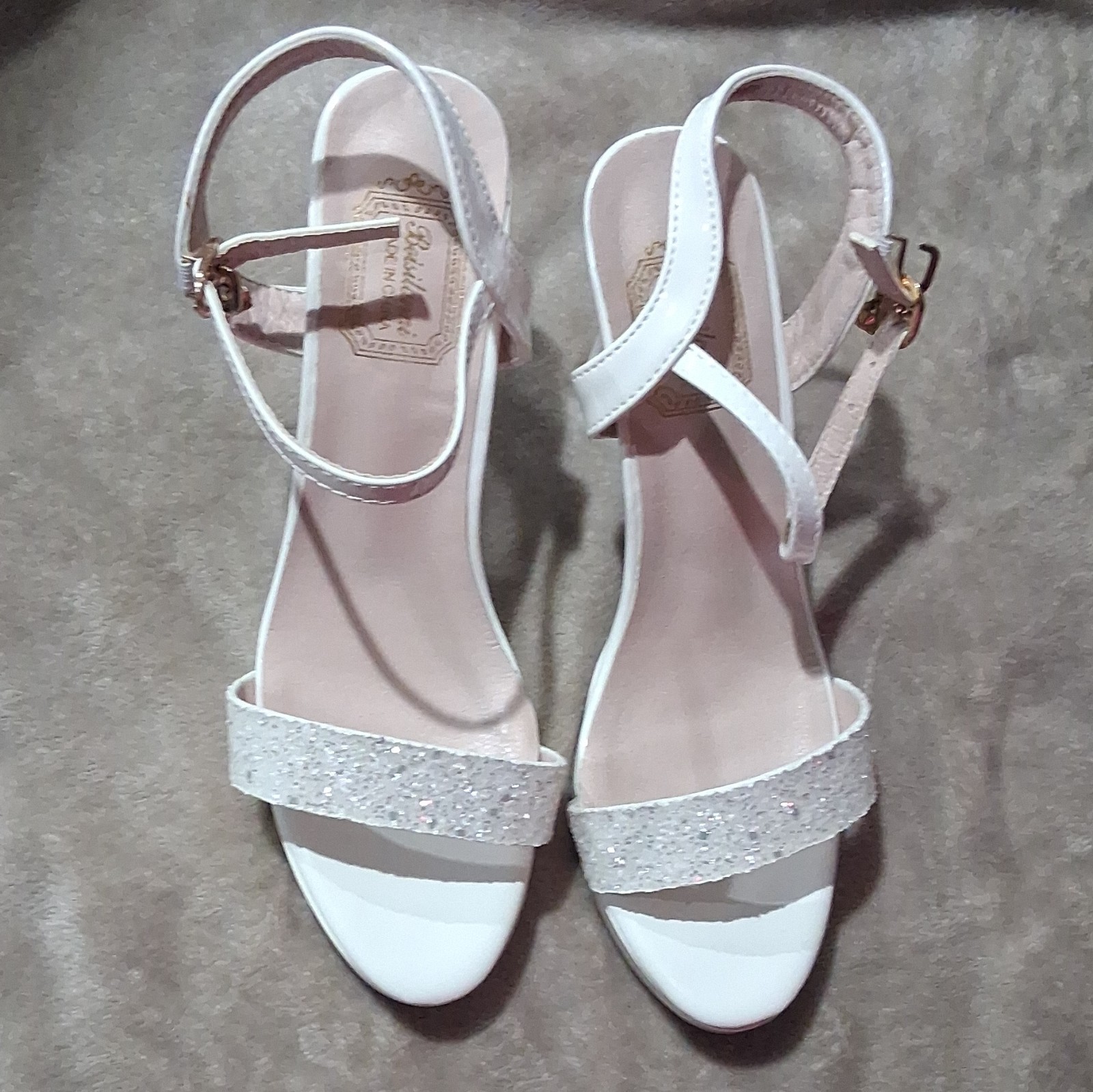 Women’s White Glitter Strappy Open Toe Ankle Strap Stiletto Heel Buckle EU 39