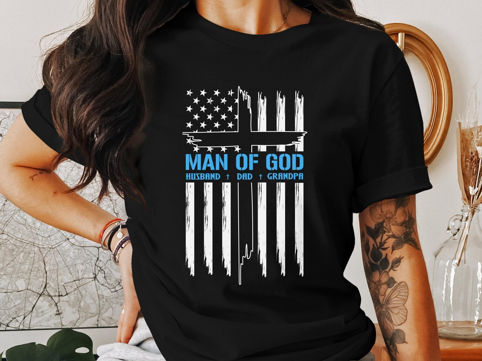 Man Of God Husband Dad Grandpa T-Shirt, Christian American Flag Tee