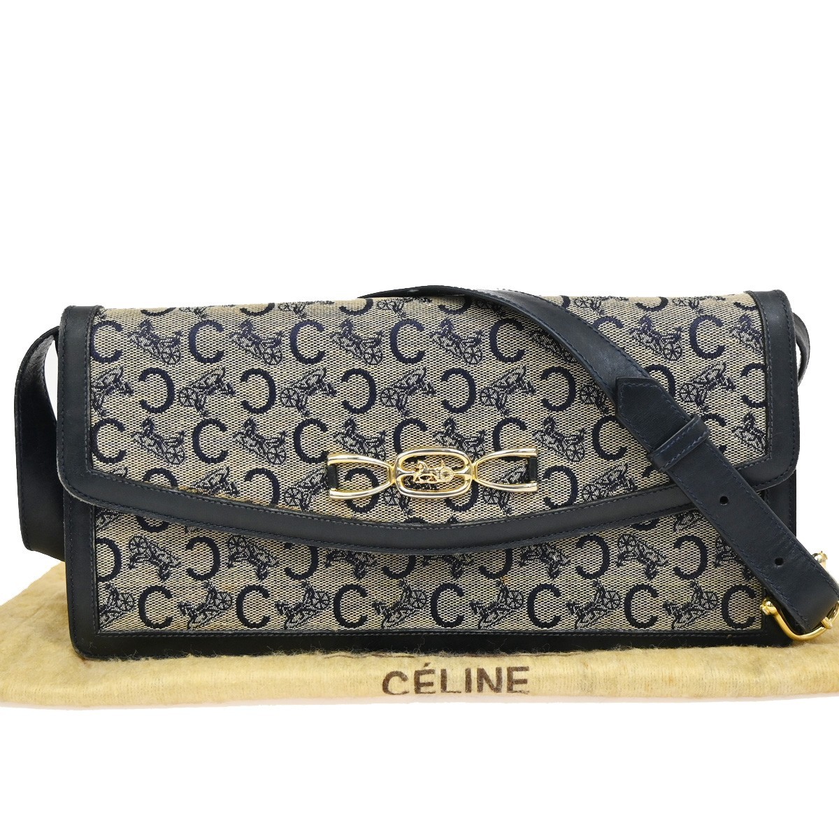CELINE Logo C Macadam Horse Carriage Shoulder Bag Canvas Leather Blue 68KP174
