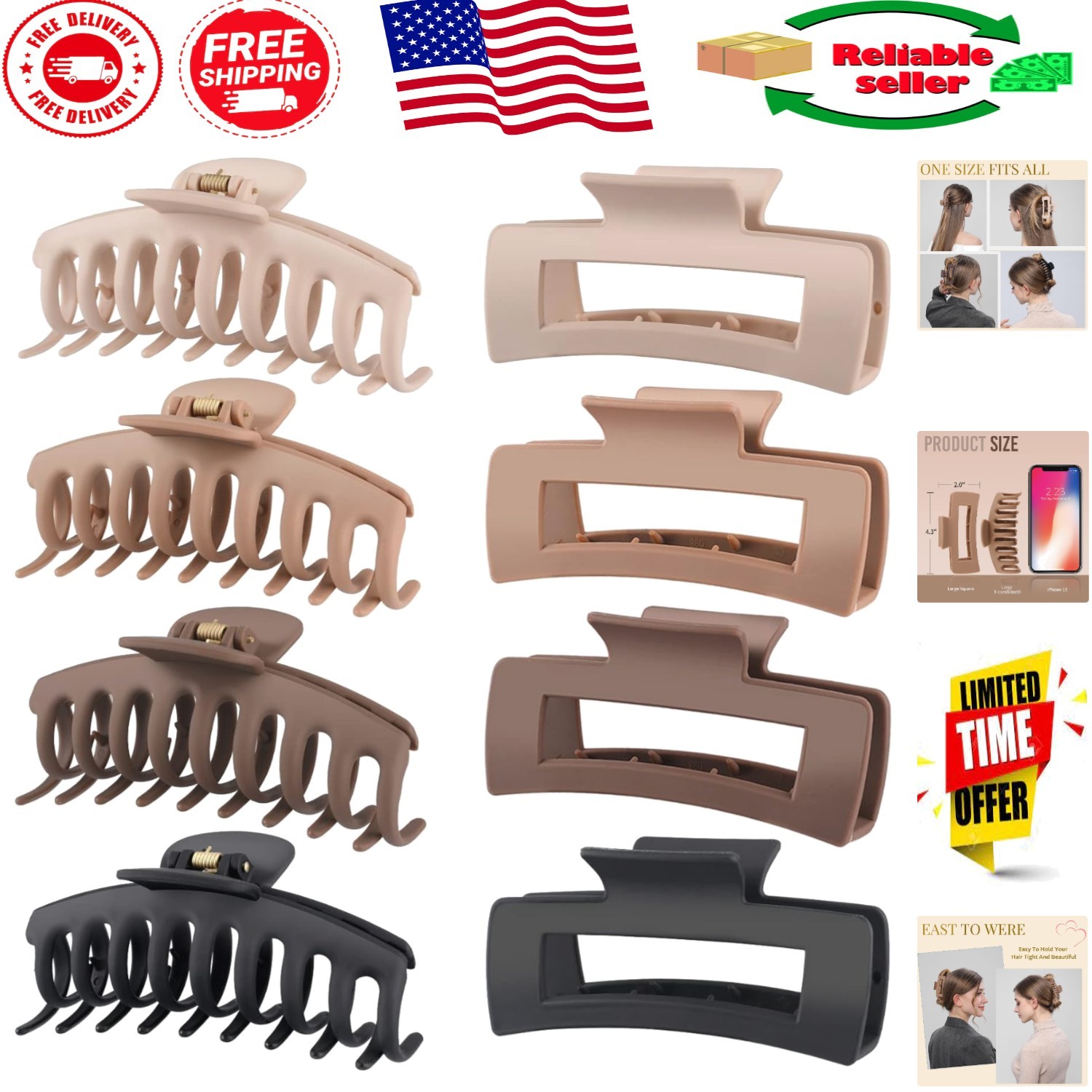 Elegant 4.3 Inch Large Matte Hair Claw Clips – Non-Slip & Strong Hold