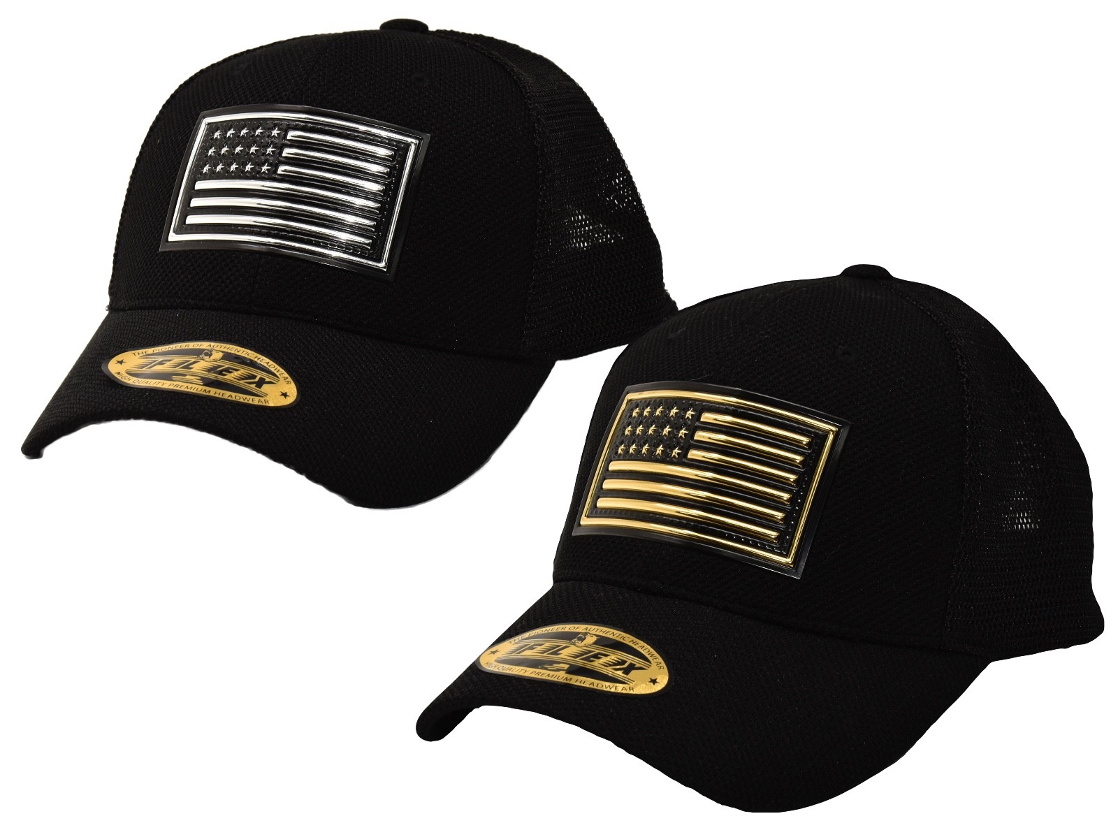 Gold Silver Pvc USA American Flag Tactical Operator Mesh Flex Fit Baseball Hat