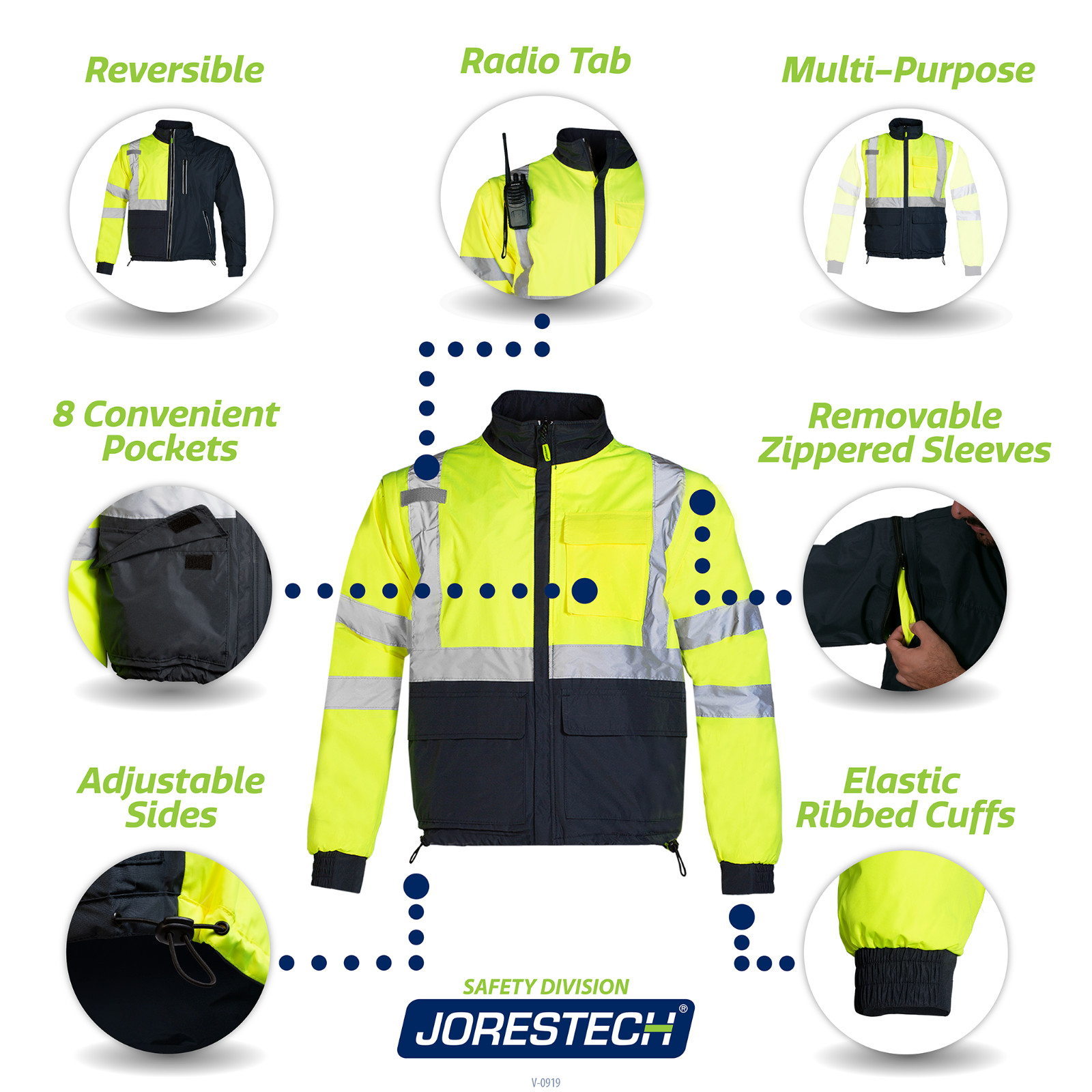 4 in 1 Hi Vis Visibility Reversible Safety Jacket JORESTECH Windbreaker