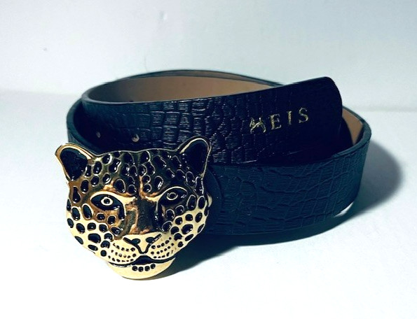 Handcrafted Women’s Black Faux Croc Belt Gold Tone Leopard Buckle 1 inch Width