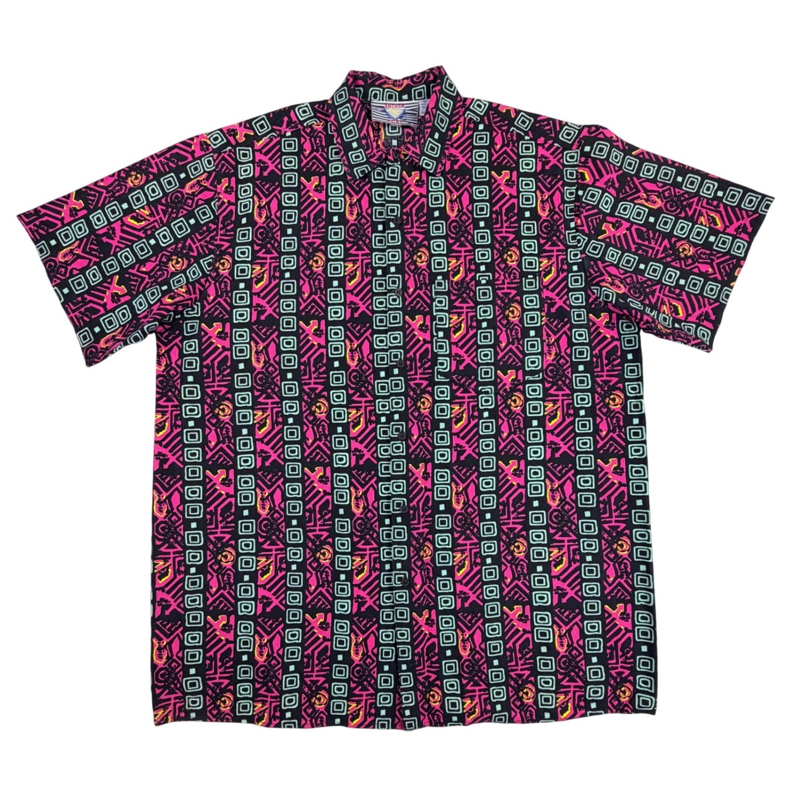Anchor Point Button Front Shirt Men XLT Tall Pink Cotton Geometric Abstract 90s