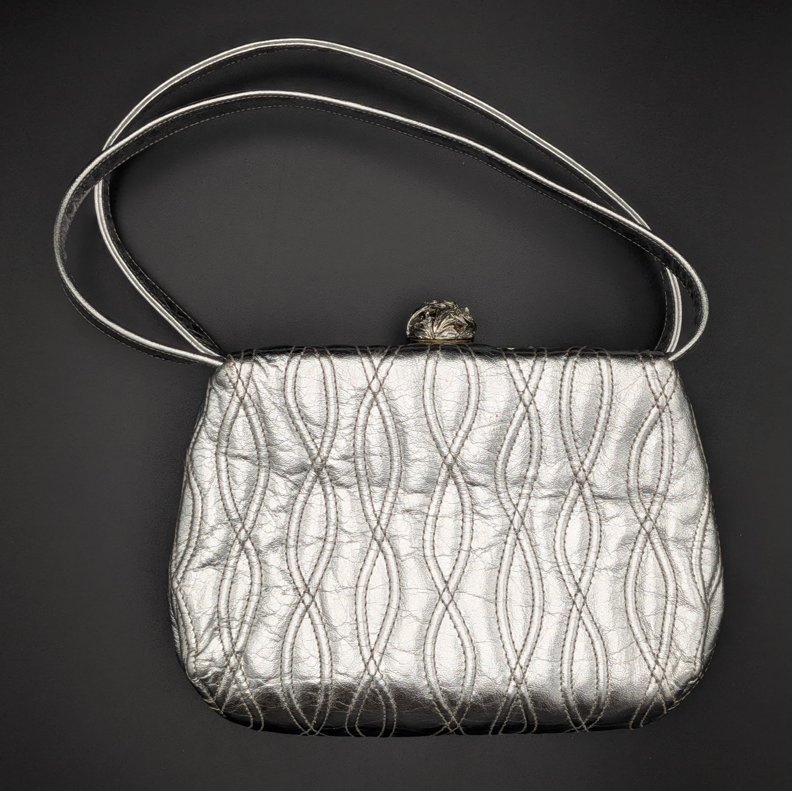 Morris Moskowitz Silver Metallic Evening Bag Quilted Embroidered Frame Purse