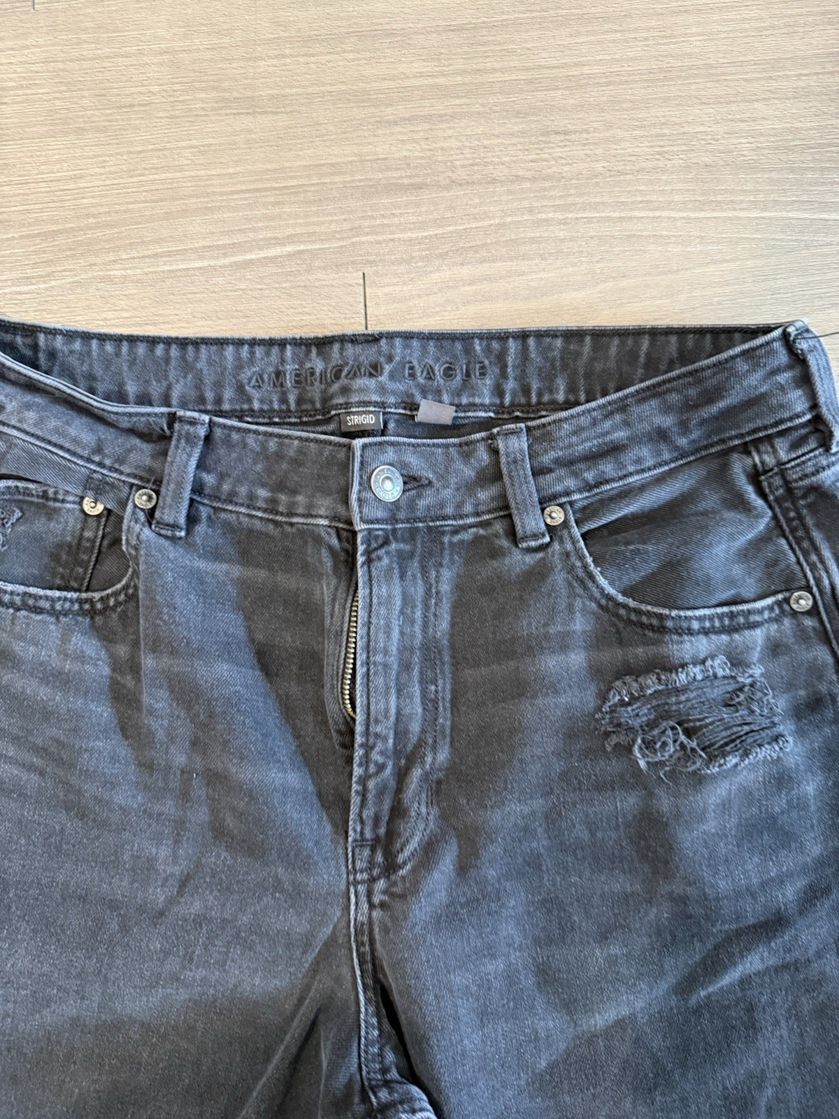 American Eagle Strigid Jeans 14 Black Gray Whiskered Wide Leg Stretch Baggy