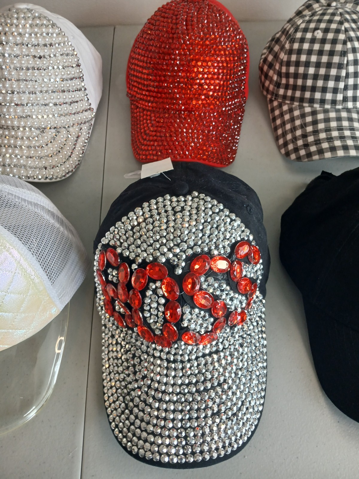 6 Assorted Red Black White Fashion Baseball Caps Various Fabrics & Rhinestones