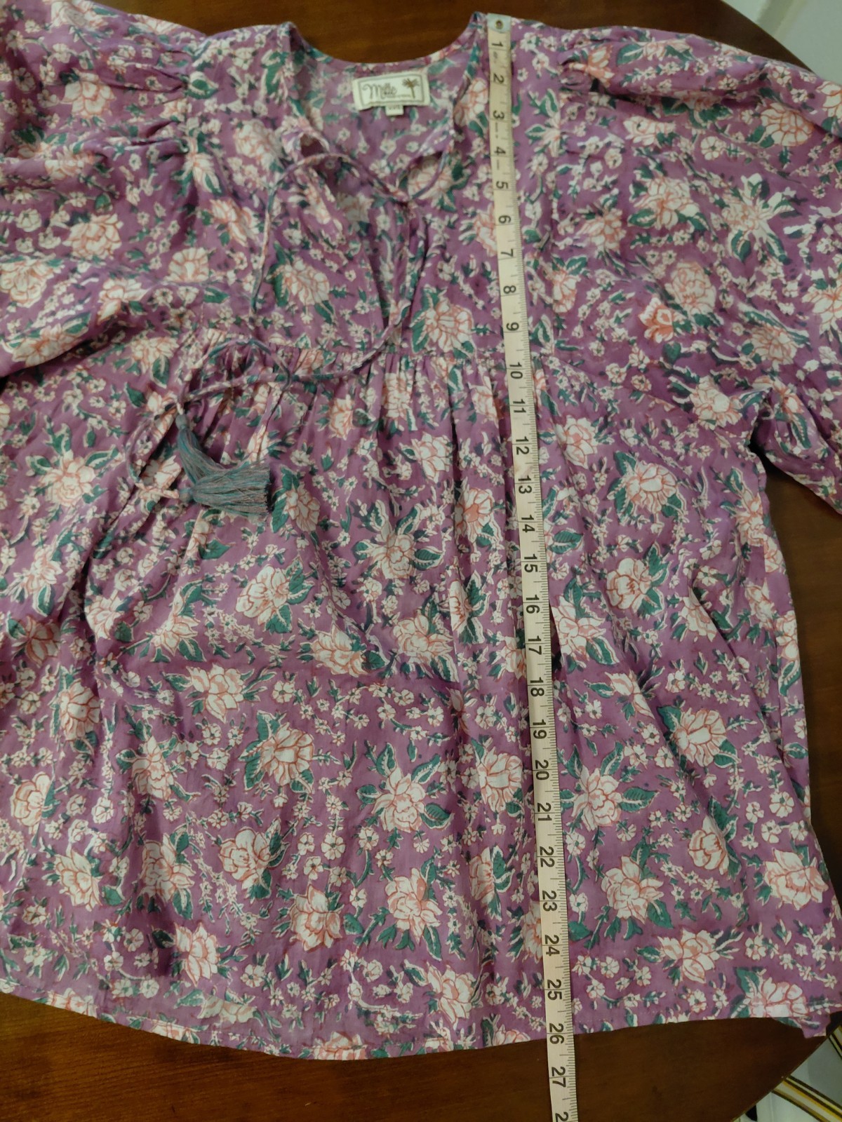 Mille Resort & Travel Purple Floral Puff Sleeve Boho Tie Neck Gauzy Top