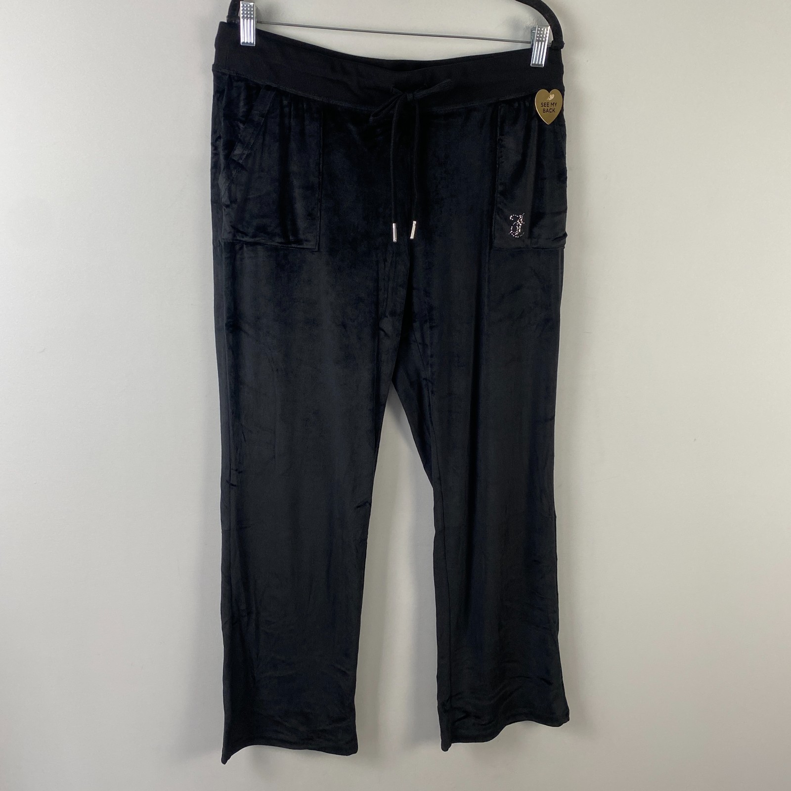Juicy Couture Bling Y2K Black Velvet Fleece Rhinestone Embellished Pants Size XL