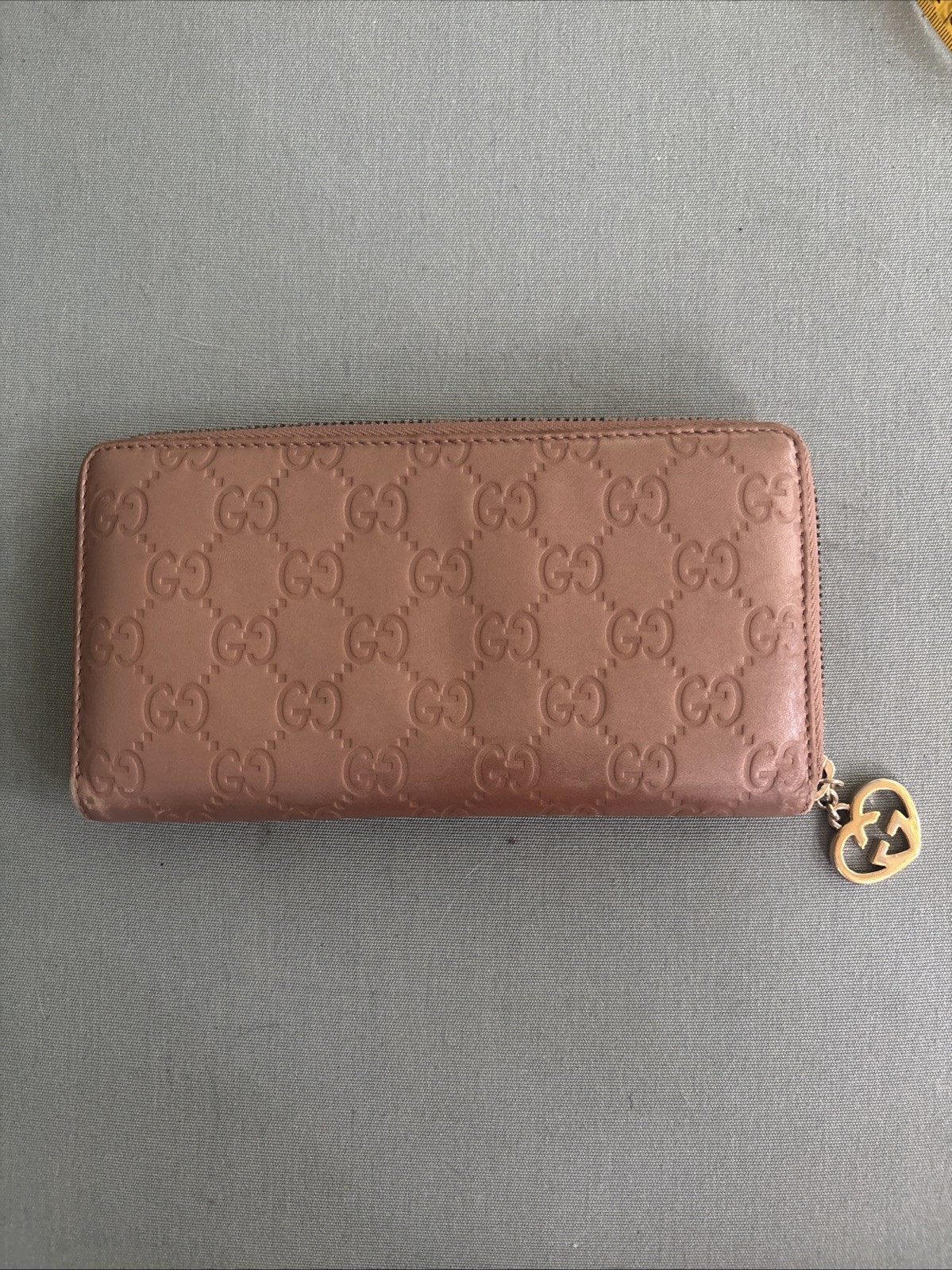 Gucci Bronze Guccissima Leather Zip Around Continental Wallet GG Heart Charm
