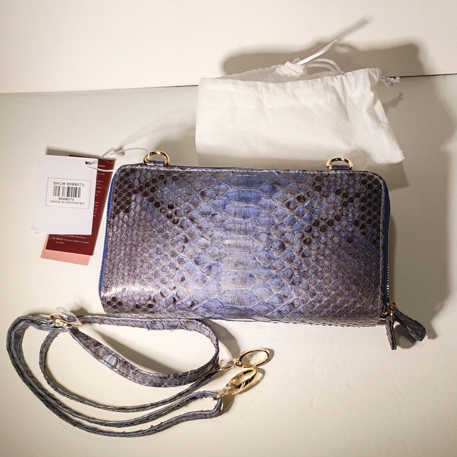 Grand Pelle Navy Python Snakeskin Crossbody Bag, Detachable Strap, Zip, Pockets