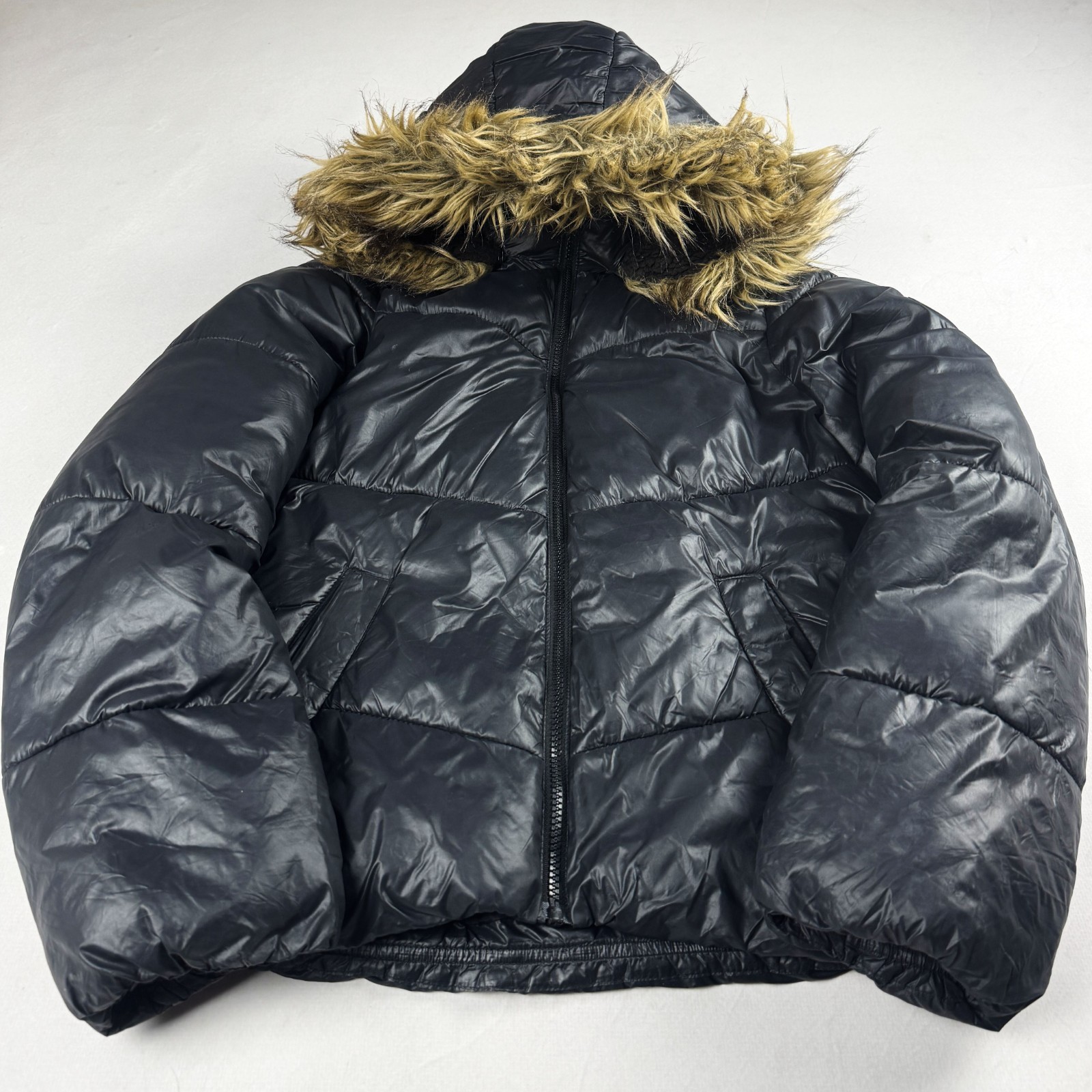 Mens Vintage Blue Puffer Jacket Faux Fur Hood Winter Bubble Coat Y2K Streetwear