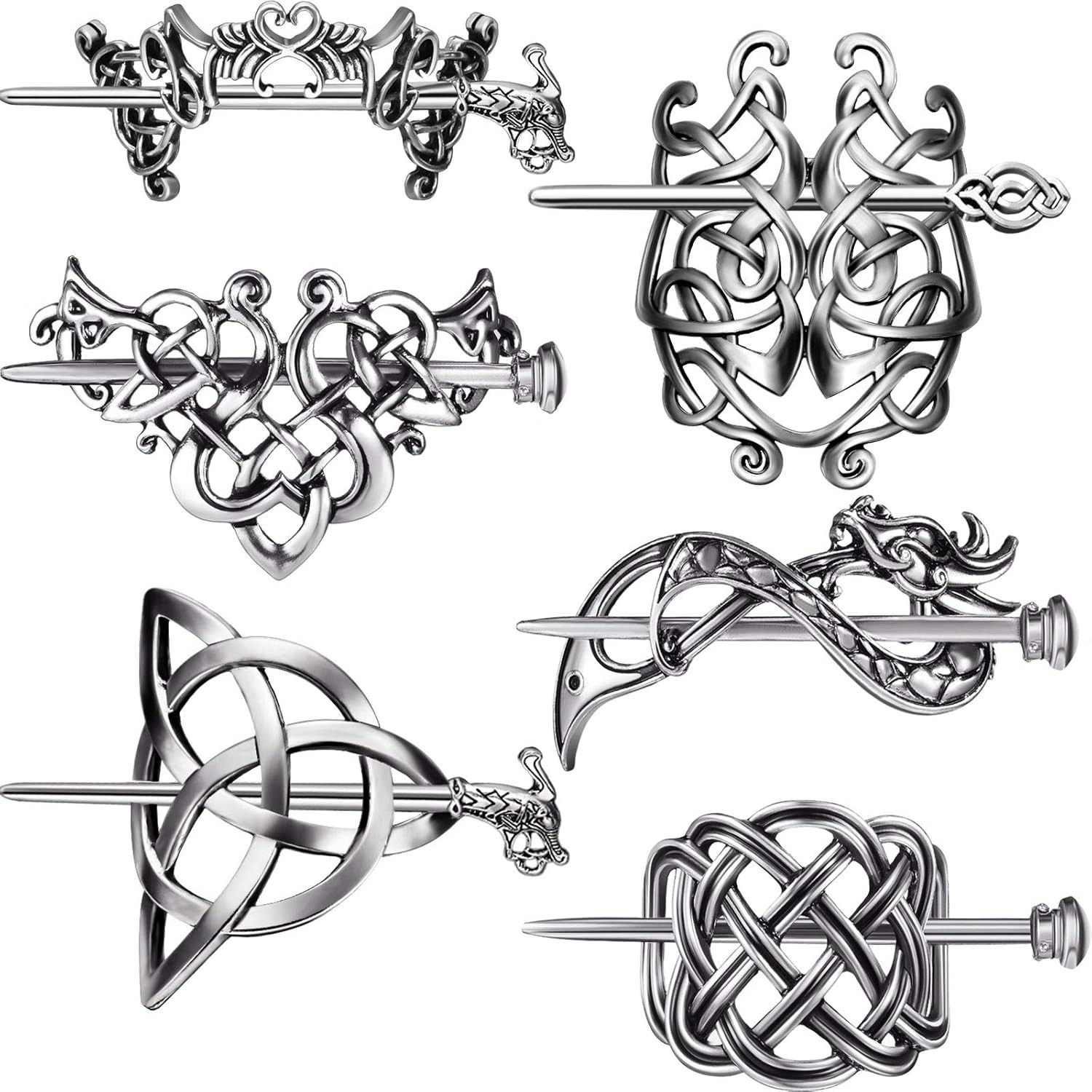 6 Pieces Silver Celtic Hair Slide Hairpins Viking Celtic Hair Clips Knot Stick