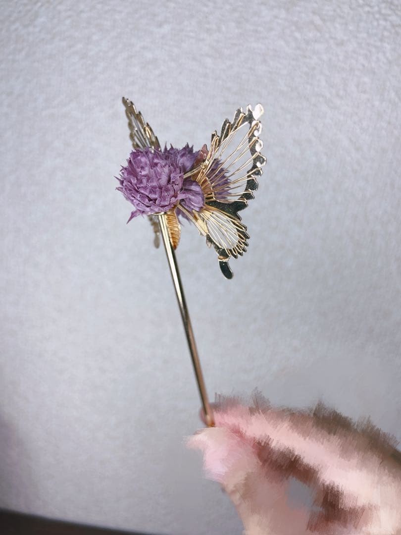 Butterfly Hairpin with Purple Enamel Flowers – Gold Tone Jewelry Accessory