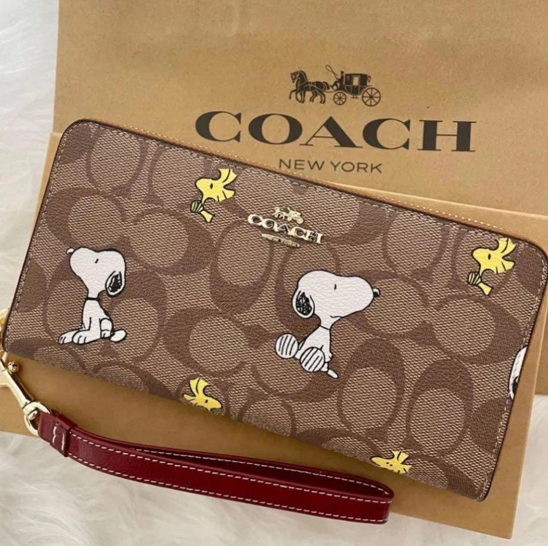 NEW COACH x PEANUTS Long Zip around Wallet Snoopy Woodstock Khaki CE705