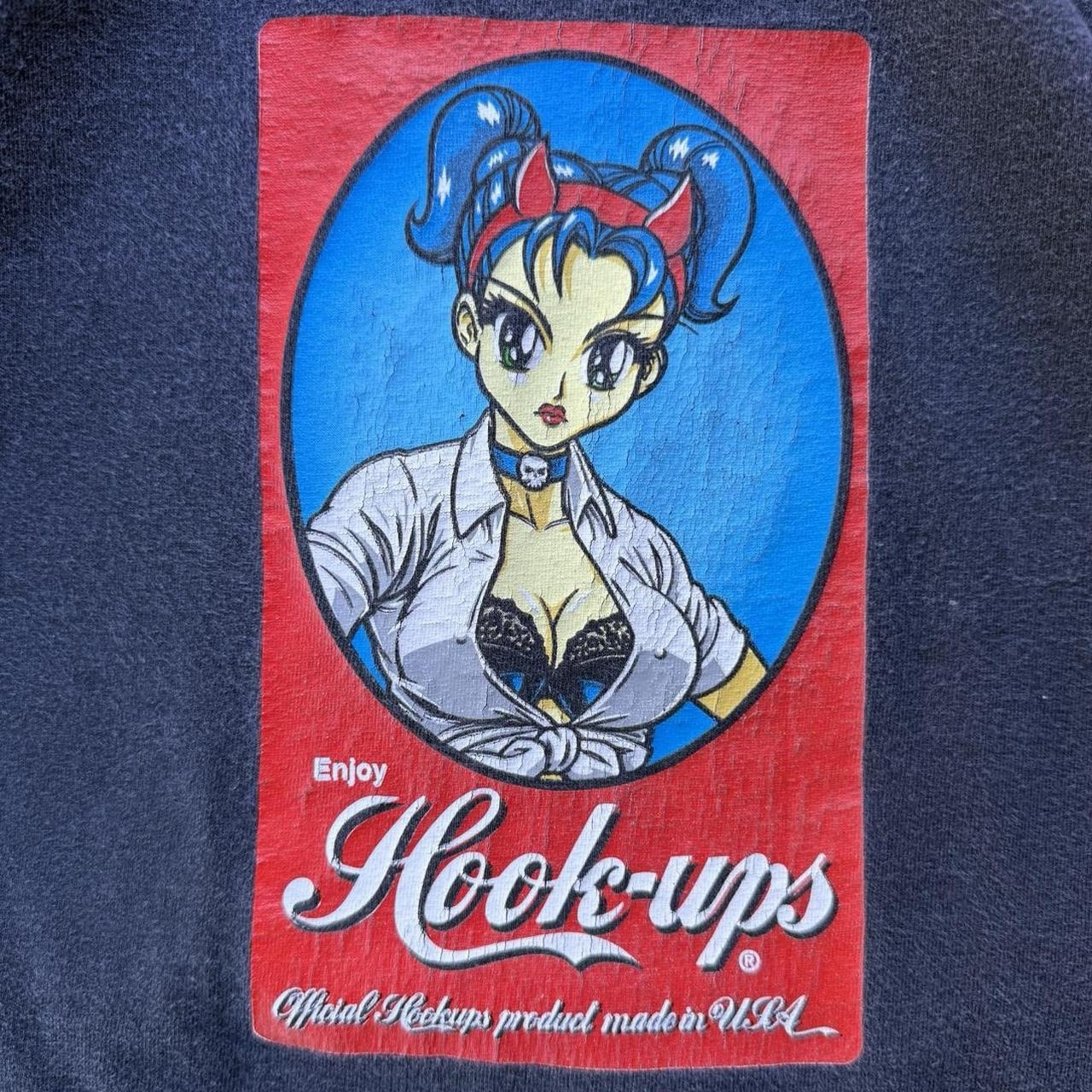 Vintage 90s Hook-Ups Skateboards Coke Anime Girl Black Graphic Tee USA Made Sz M