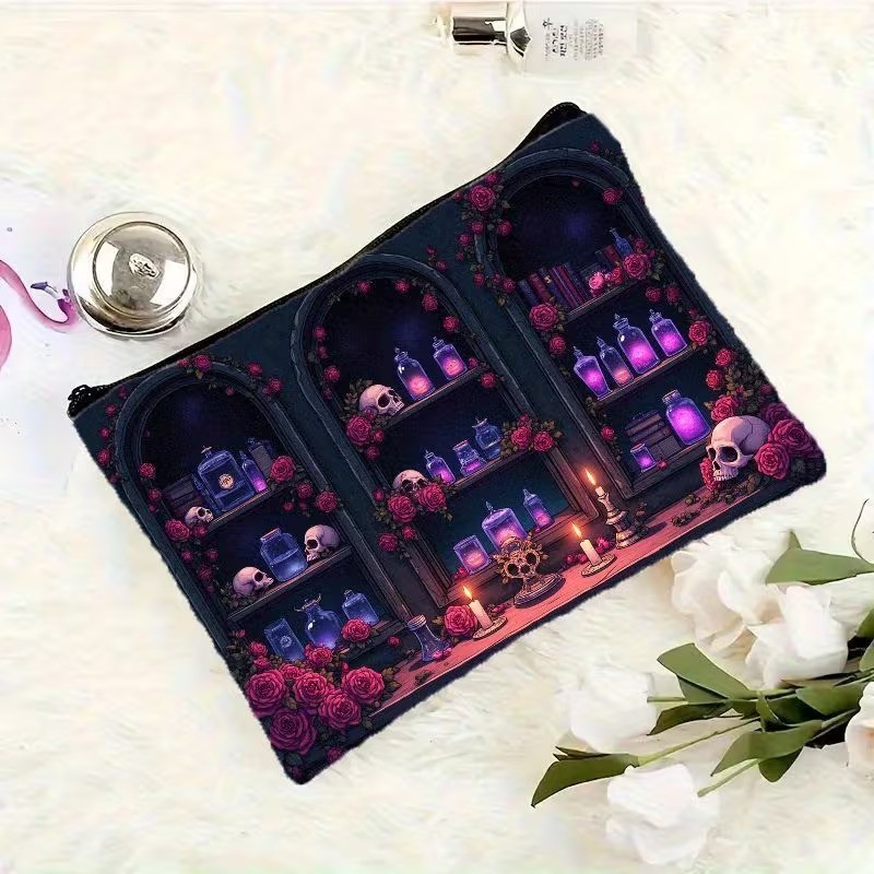 Halloween Dark Goth Skulls & Potions Makeup Bag Double-Sided 7.1″h” x 10.2″w