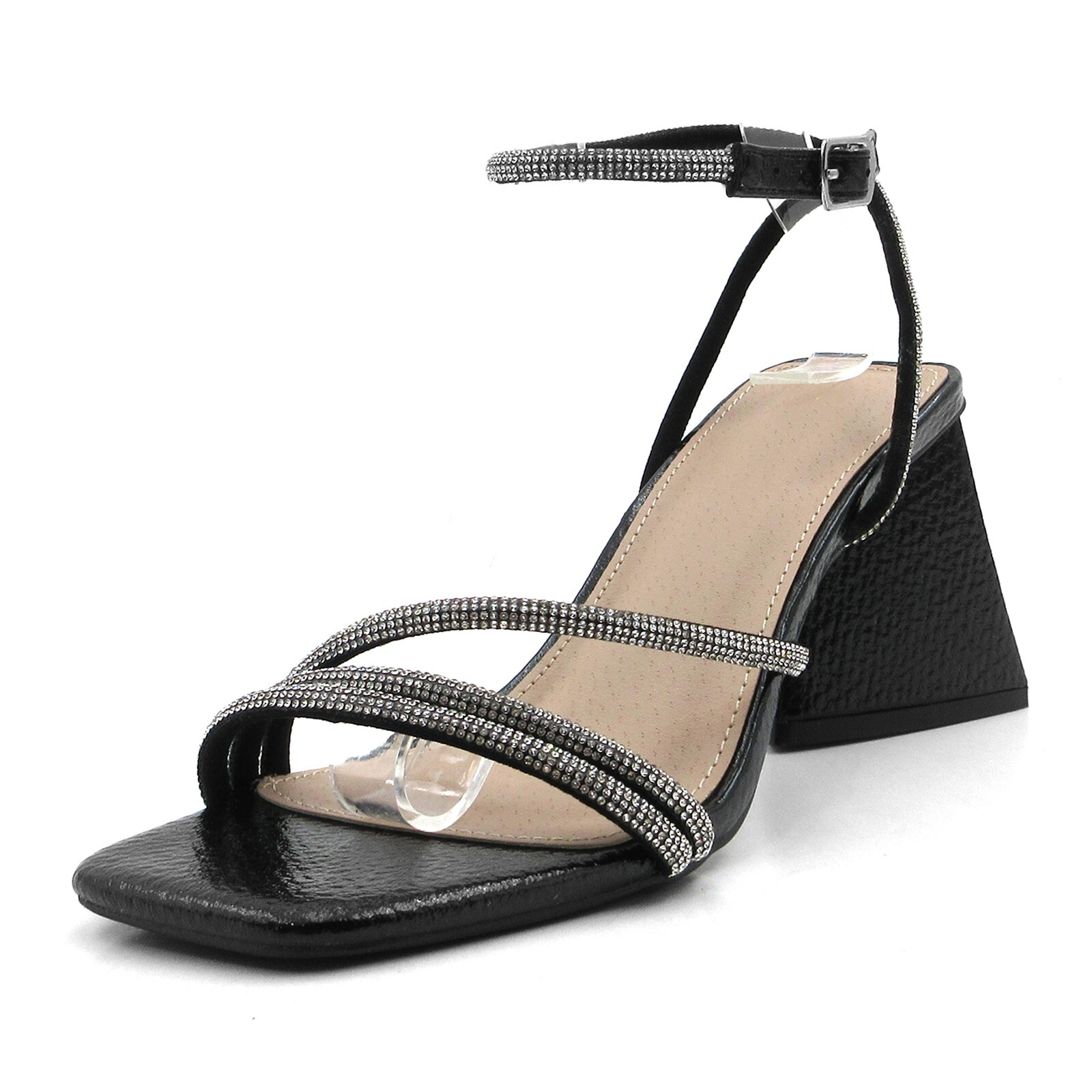 Glaze Women’s Embellished Ankle Strap 3 Inch Triangular Chunky Heels