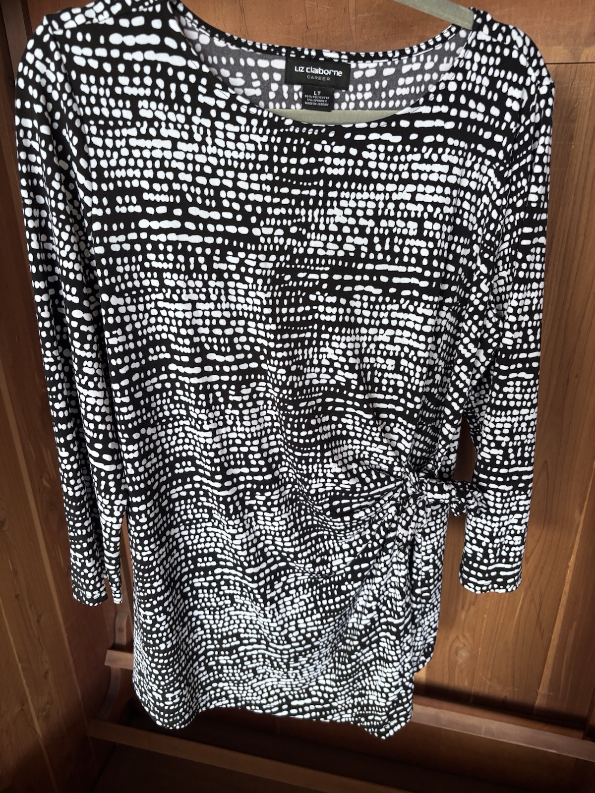 Liz Claiborne Career Faux Wrap Top Size LT Black White Geometric Dot Print