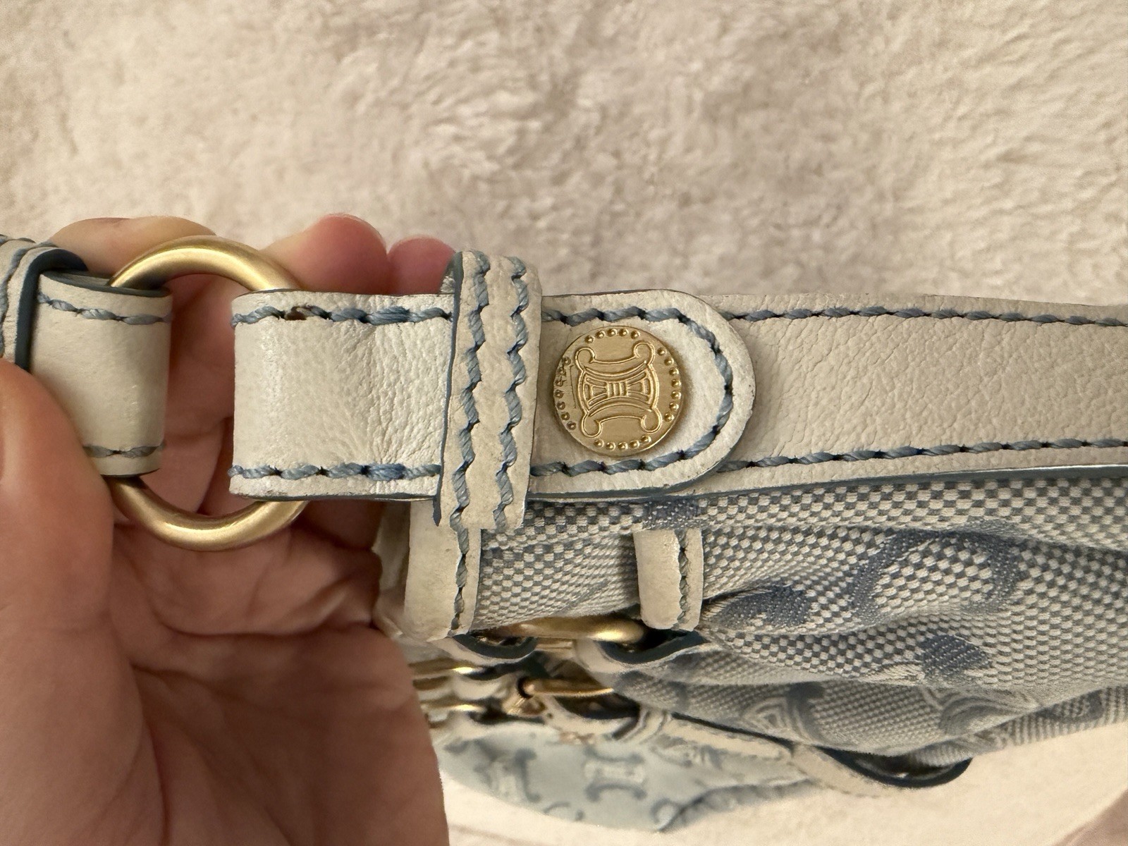 Celine Vintage Blue Triomphe Canvas Shoulder Bag Leather Trim 31cm Authentic
