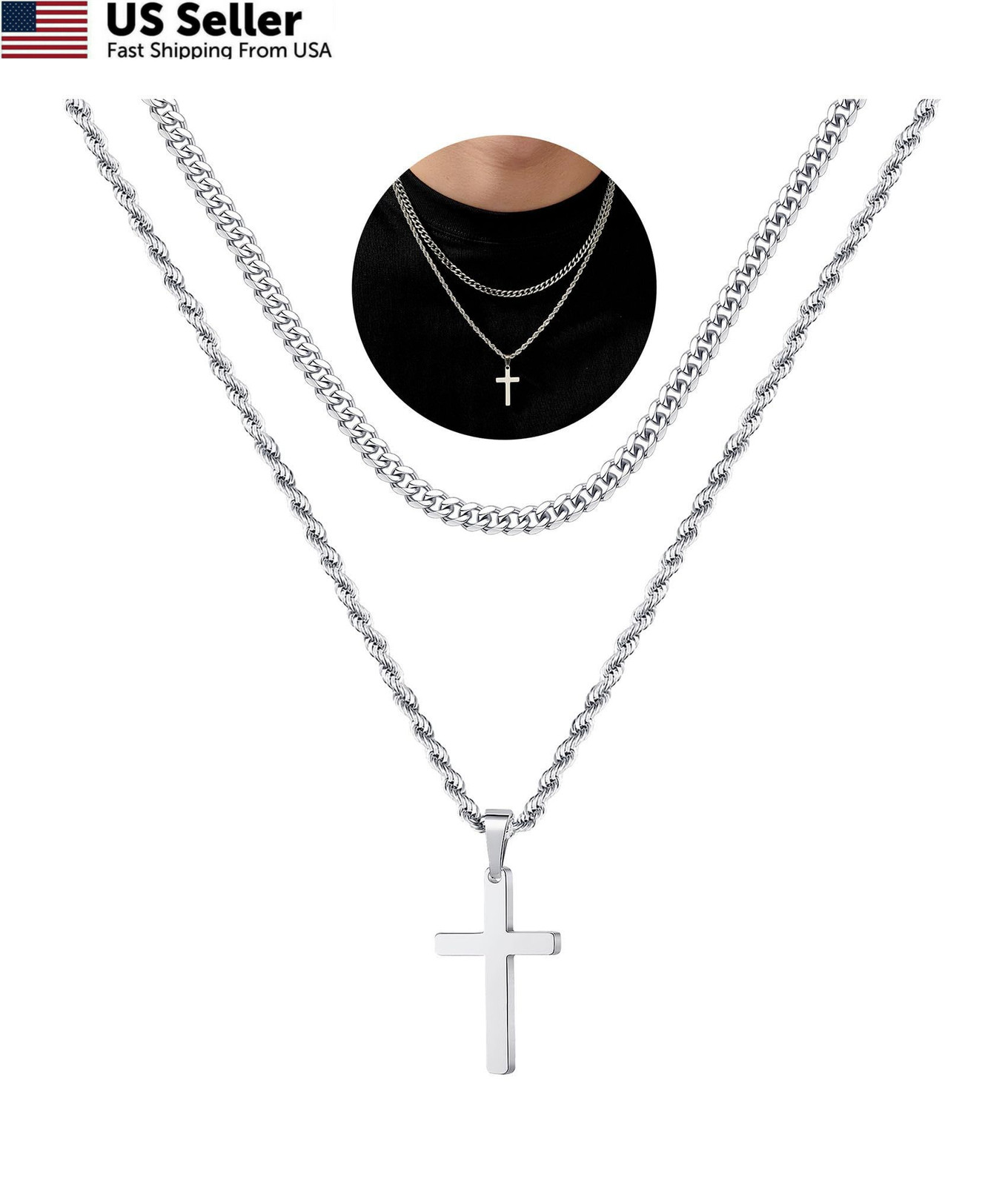 Yooblue Cross Necklace for Men – Stainless Steel 18-20 inches, “Silver