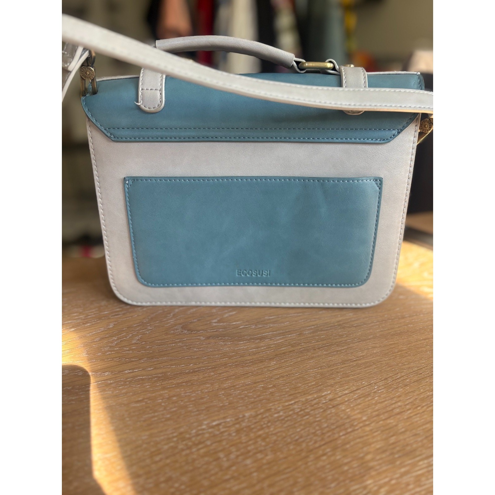 ECOSUSI Blue & Beige Two-Tone Messenger Bag – Detachable Bow – Retro Satchel