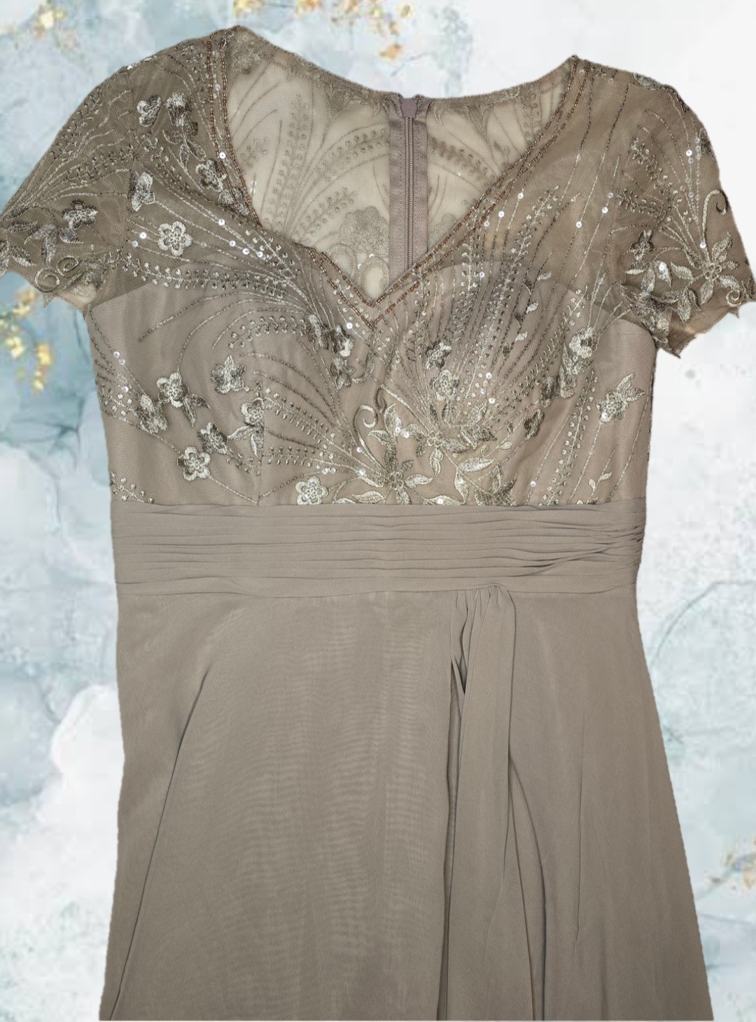 JJ’s House Mother of the Bride Dress Taupe Size 10 Long Elegant Chiffon