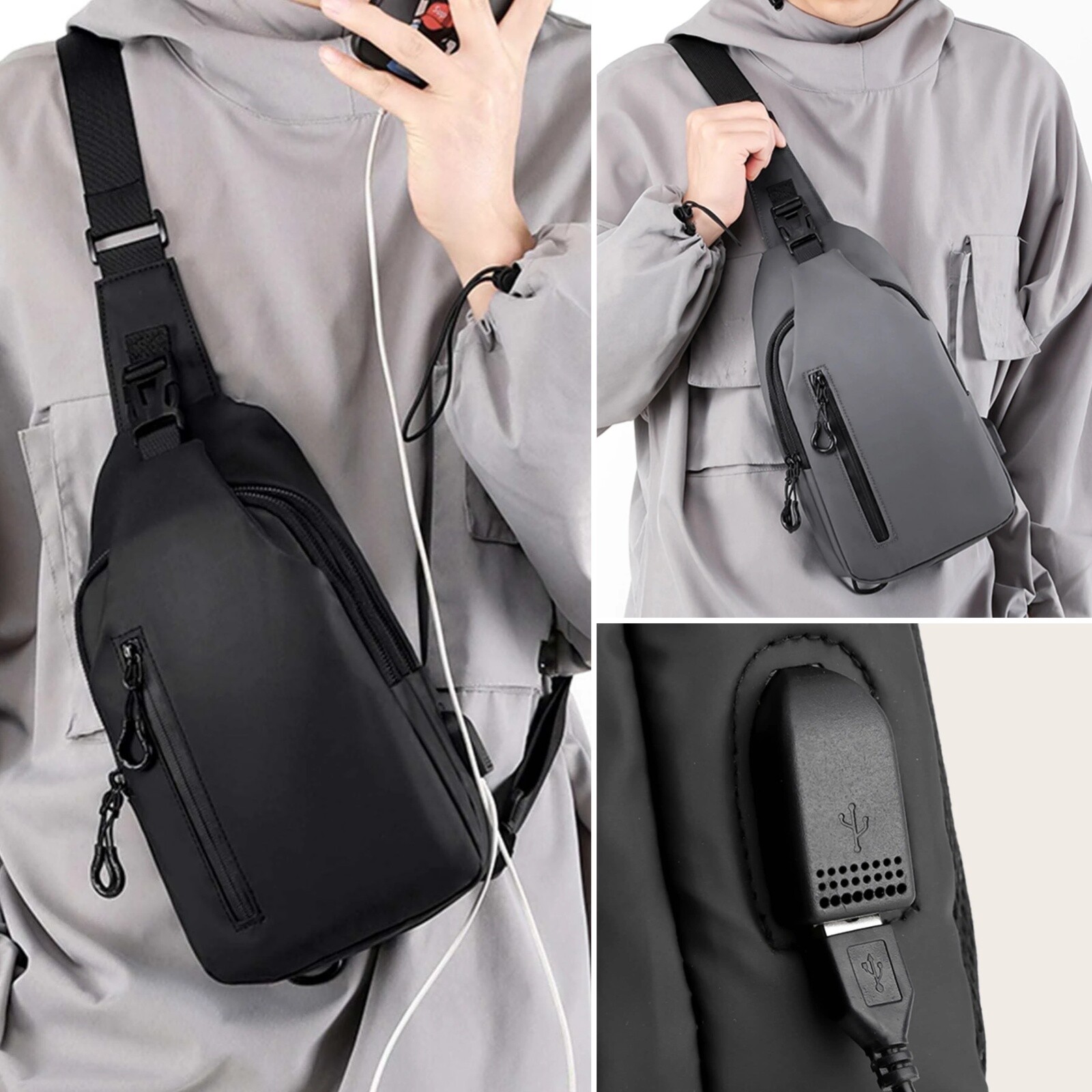 Anti-theft Men’s Sling Crossbody Bag Chest Shoulder Messenger Backpack USB Port