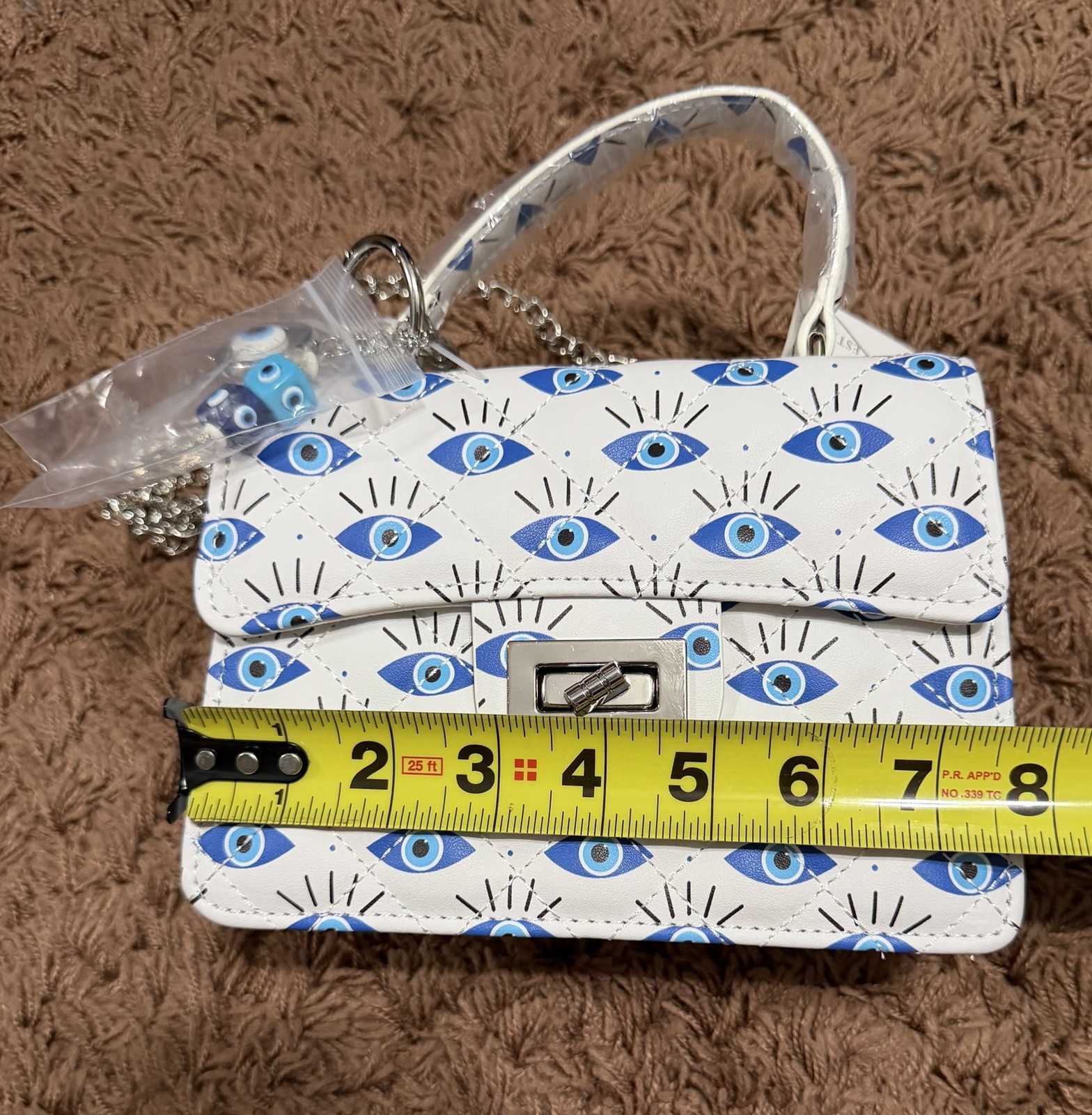 New White 100% Vegan Leather Evil Eye Crossbody Bag Detachable Chain Straps