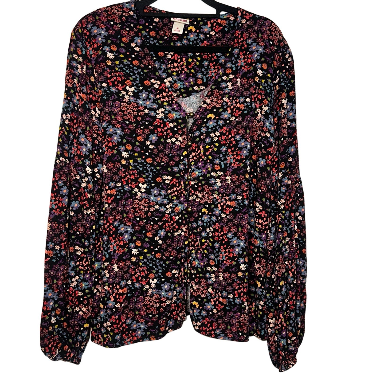 Mossimo Supply Co Black Multicolor Floral Woven Rayon V-Neck Blouse Women’s XL
