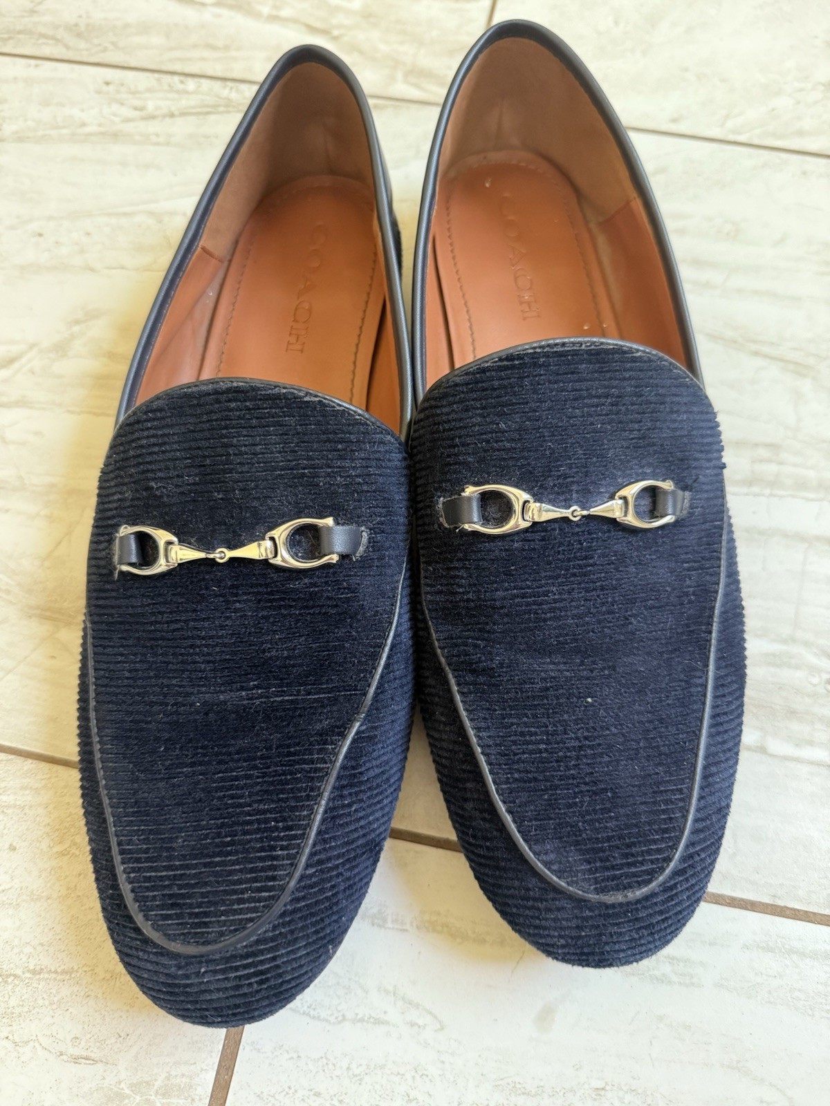 Coach Haley Loafers Navy Corduroy Horsebit Logo WOMENS SIZE 11 Great Condition