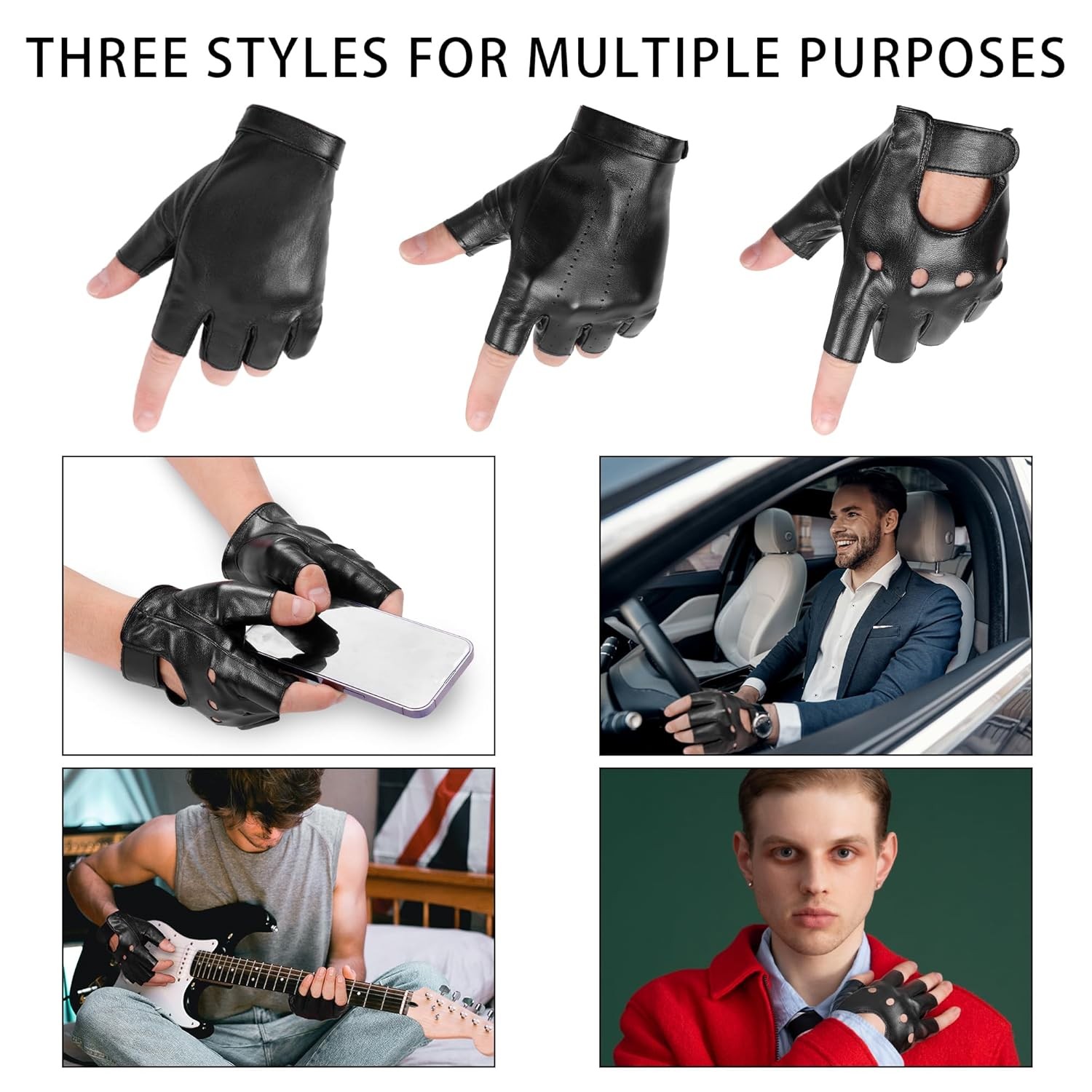 2× Men’s Black Motorcycle Fingerless Leather Half Finger Driving Biker Gloves US