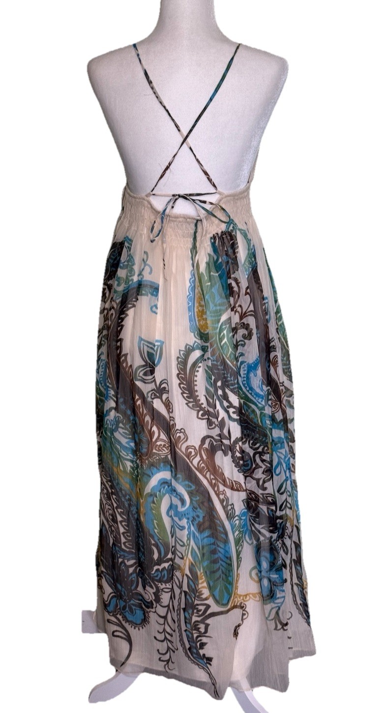 Women Boho Maxi Paisley Dress Spaghetti Strap Empire Waist Flowy Summer Size Med
