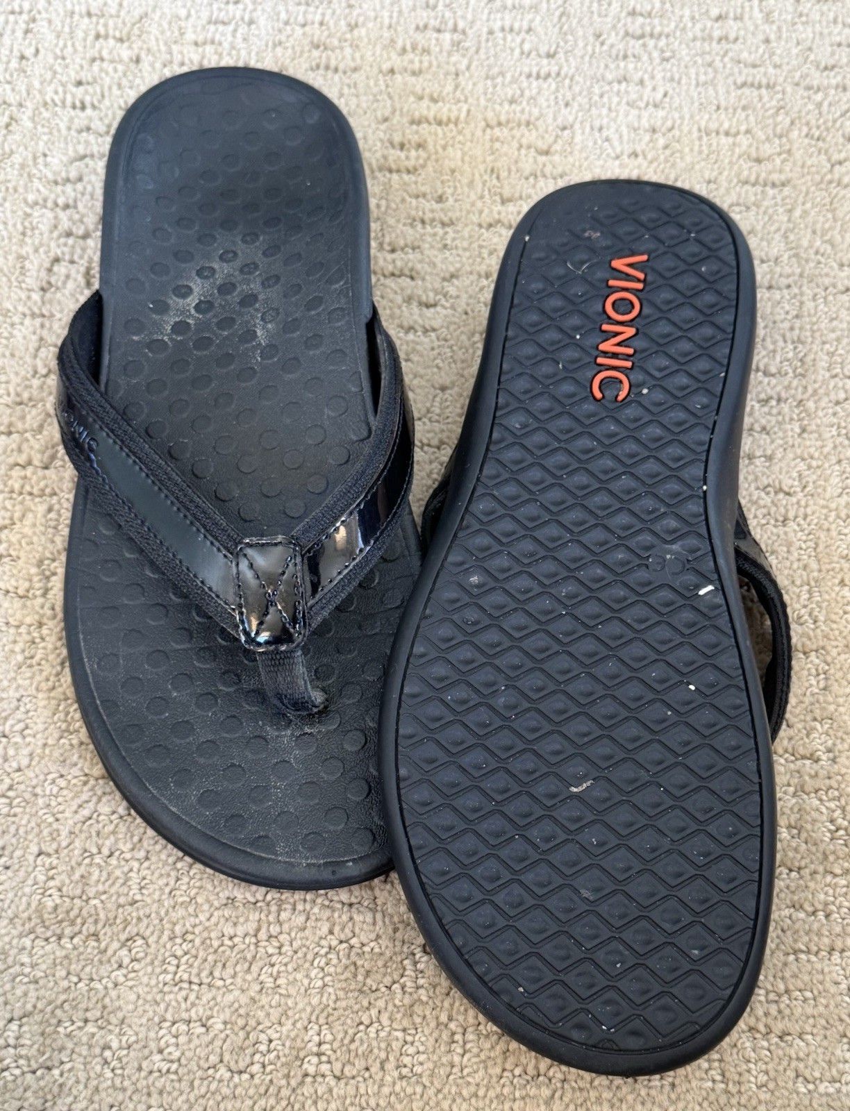 Vionic Zuma Flip Flop Sandal Black Patent Size 10 Wedge Orthotic Comfort