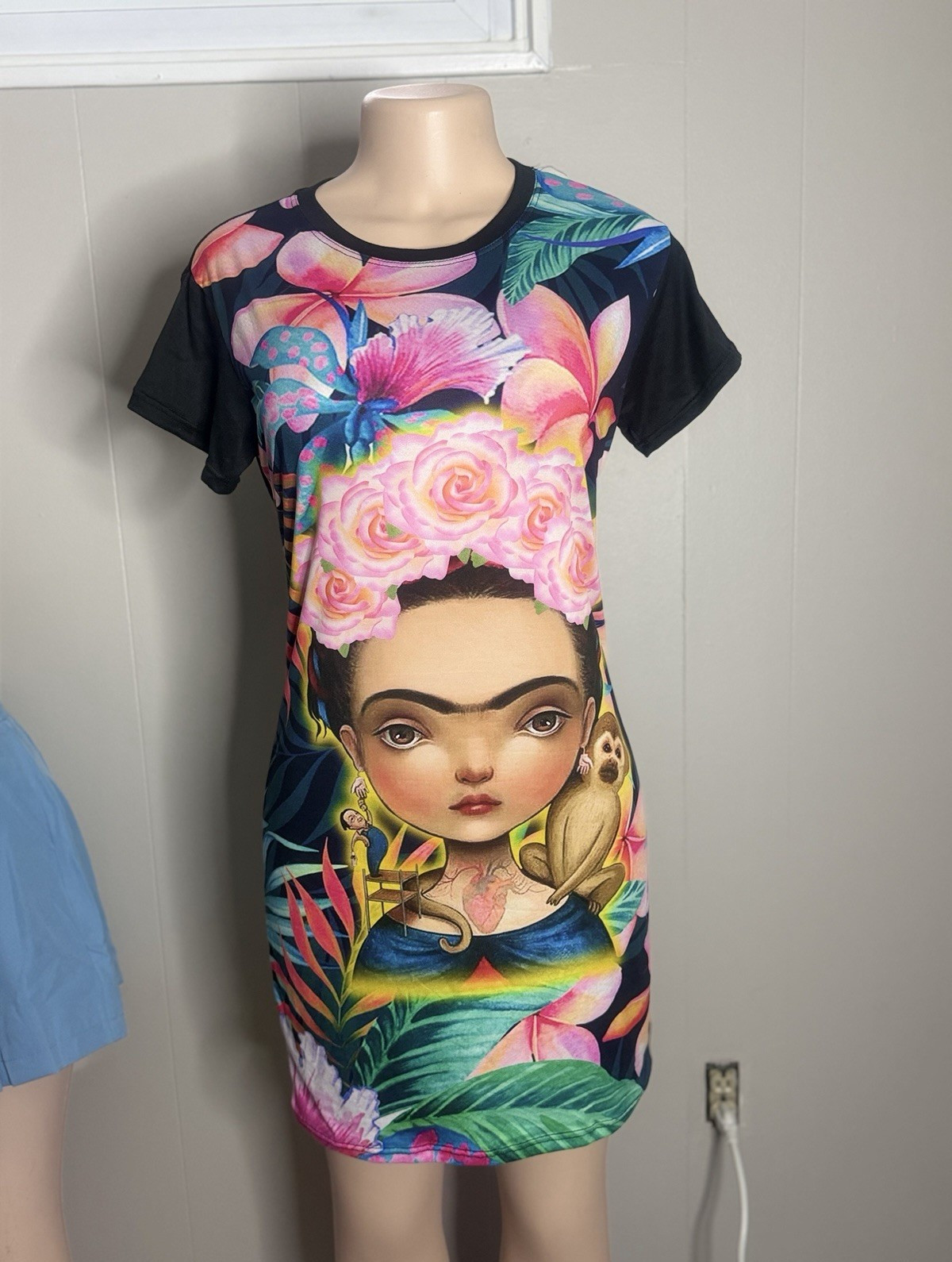 Women’s L Black Multicolor Floral Skull Graphic Stretch T-Shirt Dress