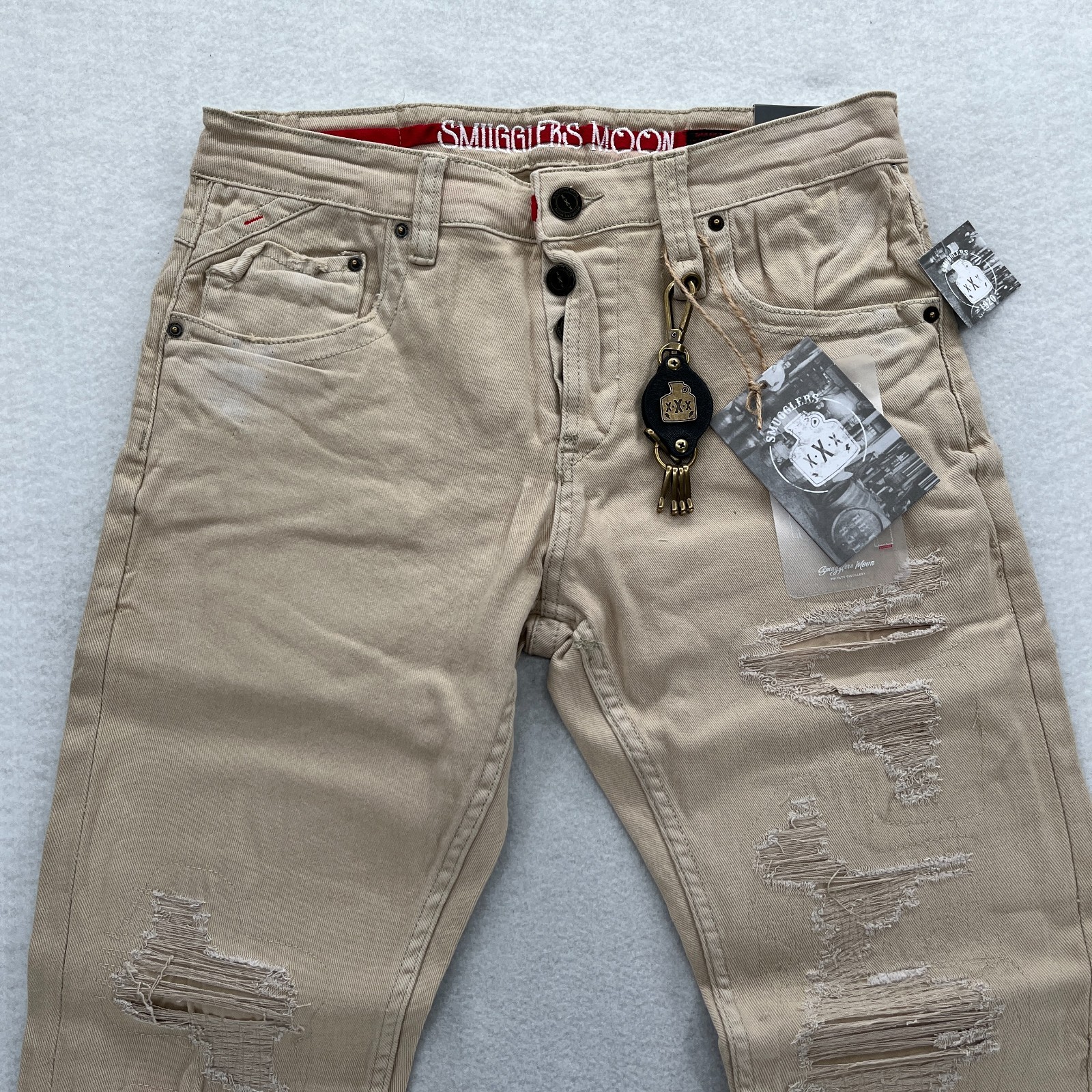 Smugglers Moon Jeans Mens 34×32 Khaki Beige Denim Button Fly Roll Up Distressed