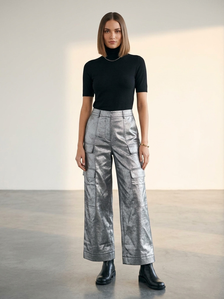 Milan Cargo Pant White and Silver Metallic, Sample, Size 4 THE NOLI SHOP