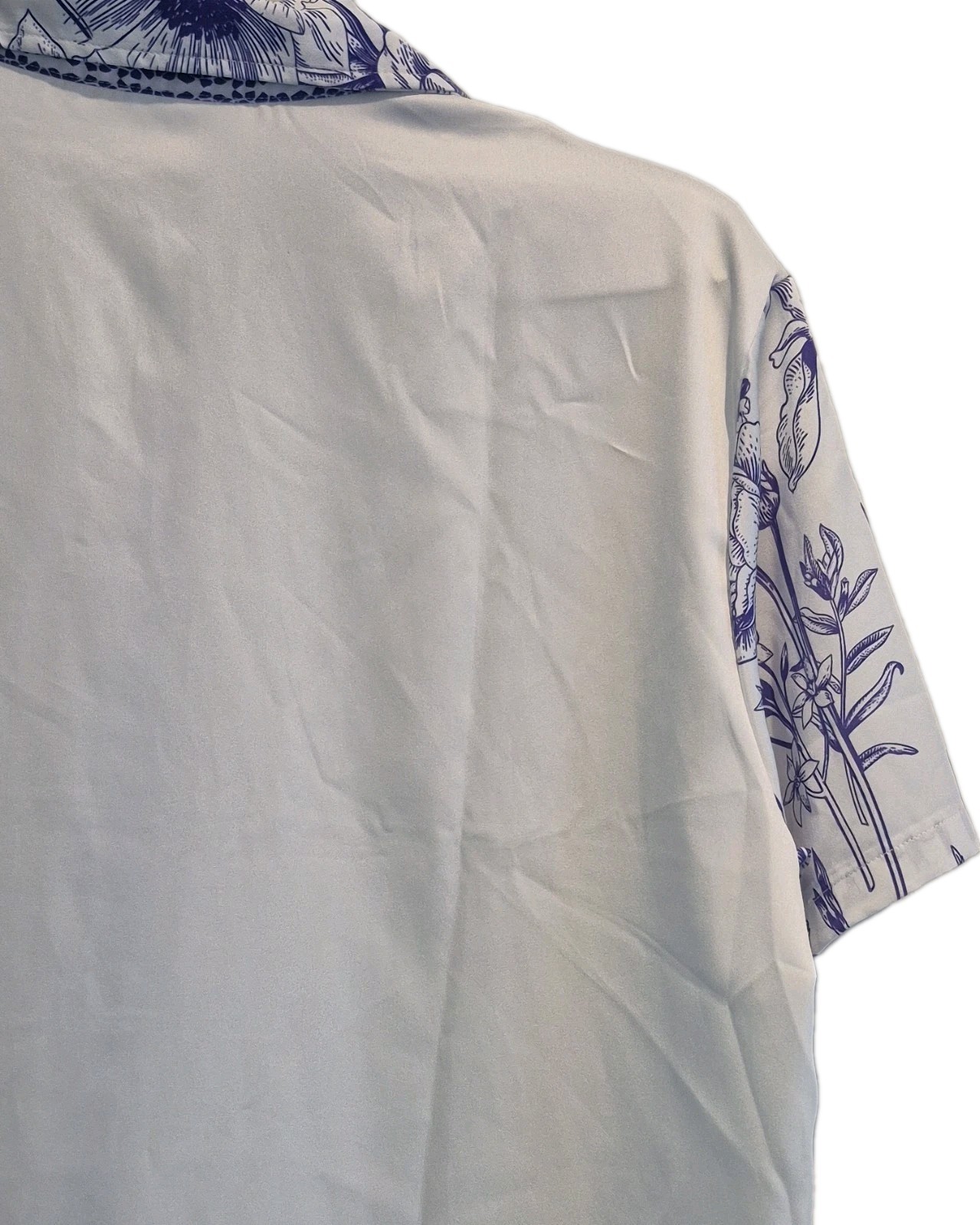 White/Blue Floral Collared Button-Up Short Sleeve Woven Polyester Blouse L
