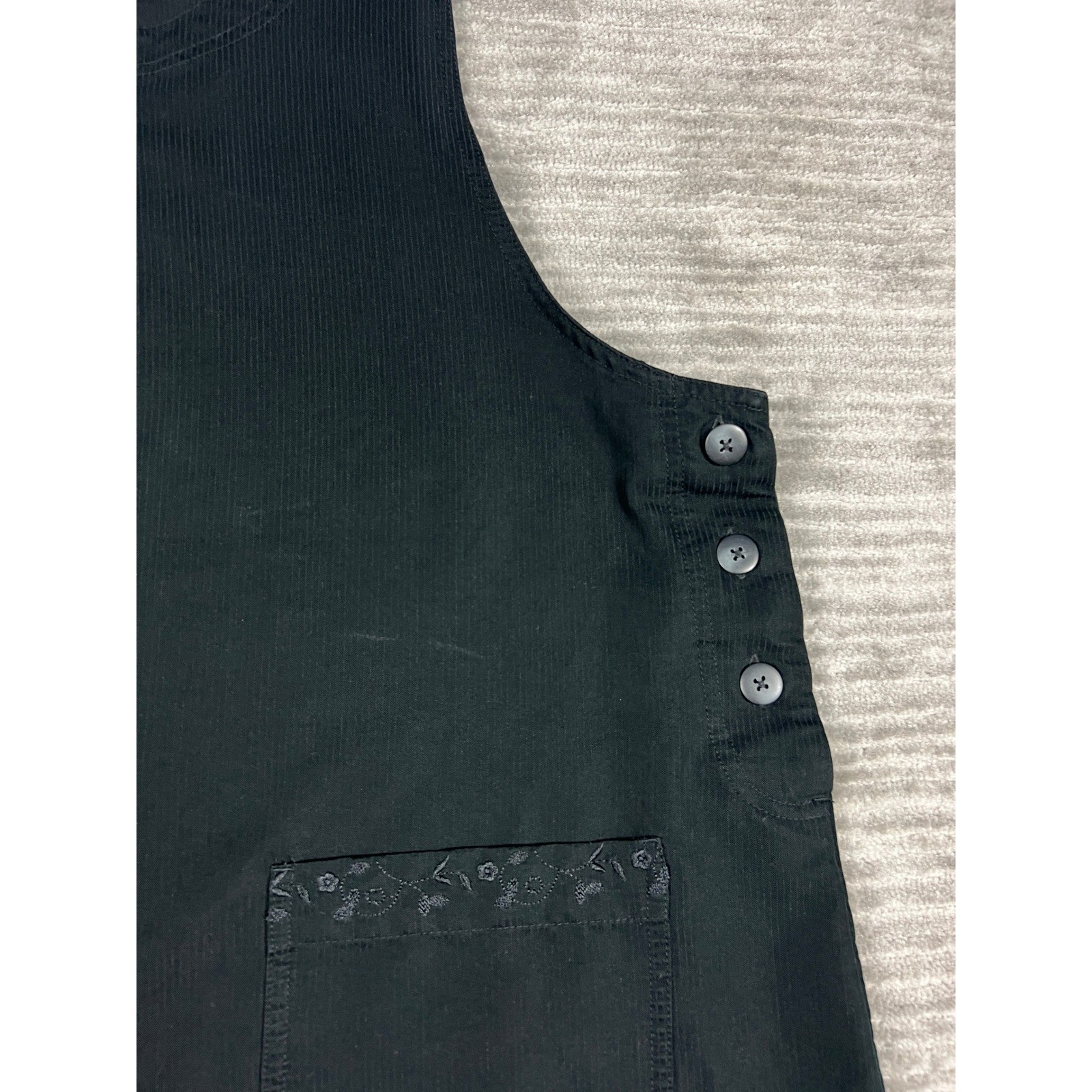 White Stag Jumper Dress Womens XL Black Corduroy Embroidered Floral Pockets 90s