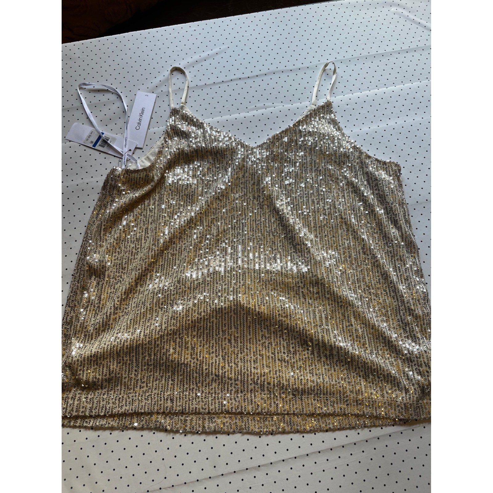 Calvin Klein Womens Sequin Cami Top Champagne Gold V-Neck XL NWT S49TF46A