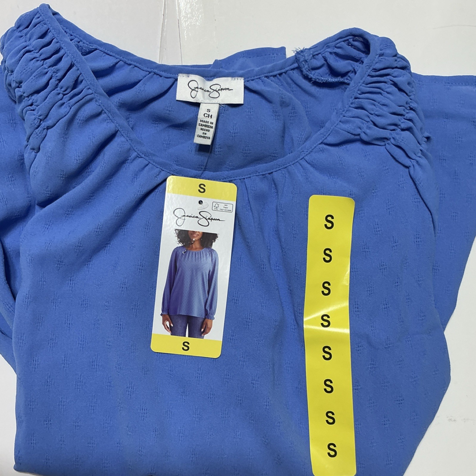 Jessica Simpson Blue Solid Woven Textured Ruffle Long Sleeve Blouse Women’s S
