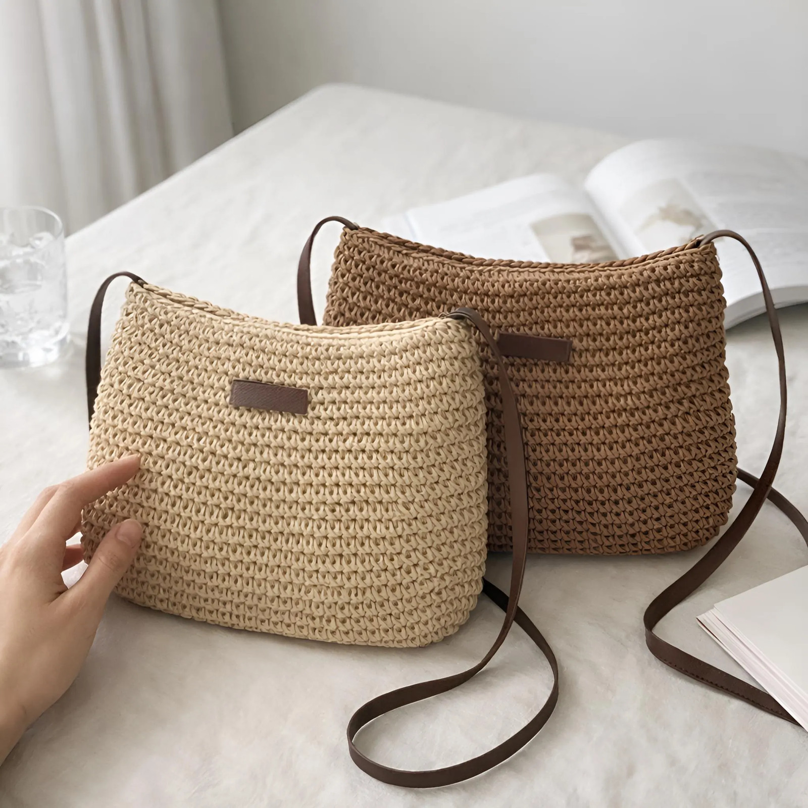 Woven Straw Tote Bag, Zipper Shoulder Purse, Minimalist Summer Vacation Bag