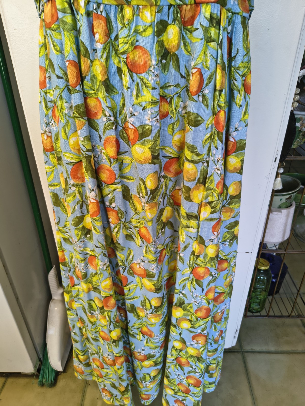 Women Large Free Assembly Linen Blend Maxi Dress Fruit Lemon Oranges Print Dress